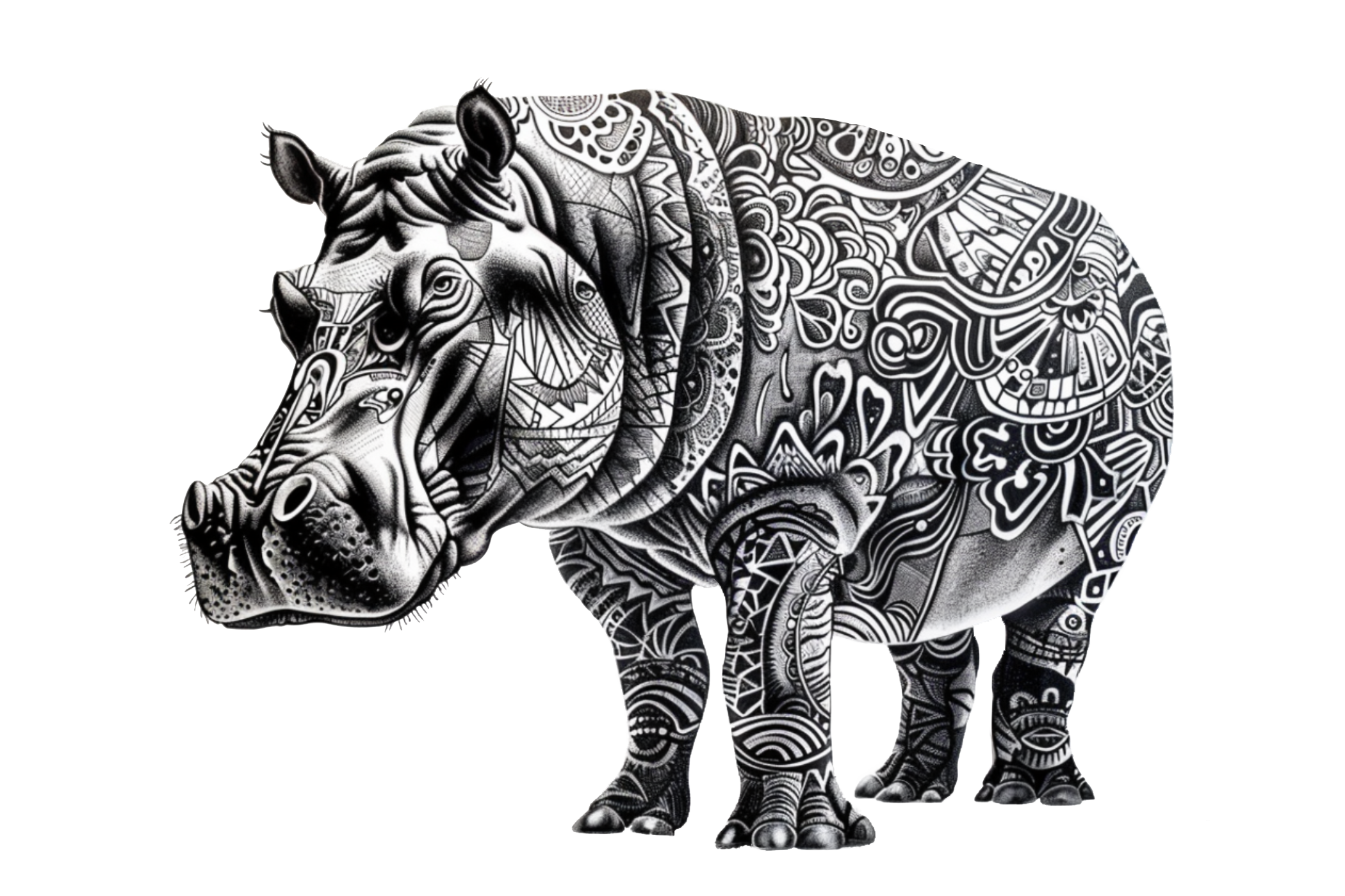 Intricate hippo doodle design for Akwanza t-shirt