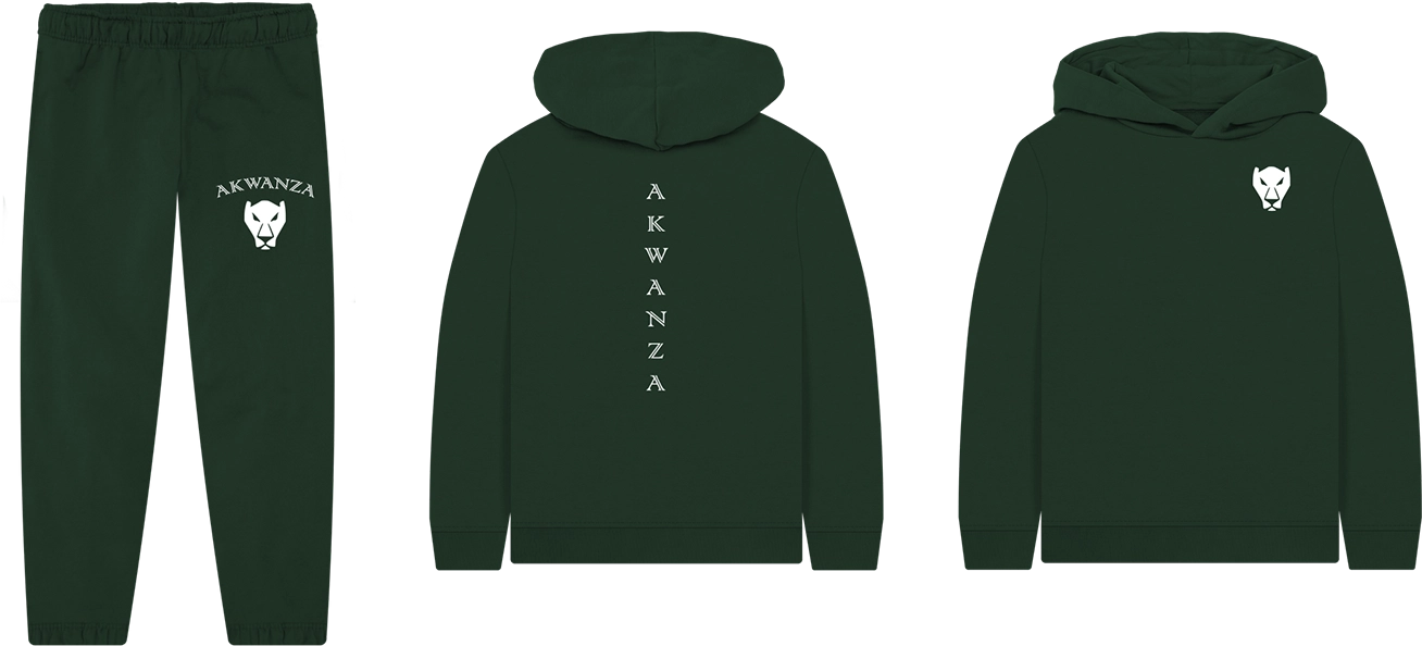 Kids' hoody, adult unisex kangaroo pocket hoody, and joggers with Akwanza logo and vertical branding.