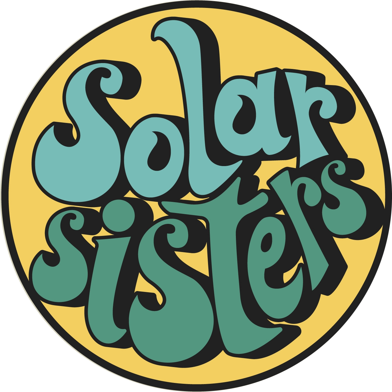 Solar Sisters logo in retro-style typography with teal text on a yellow circular background.