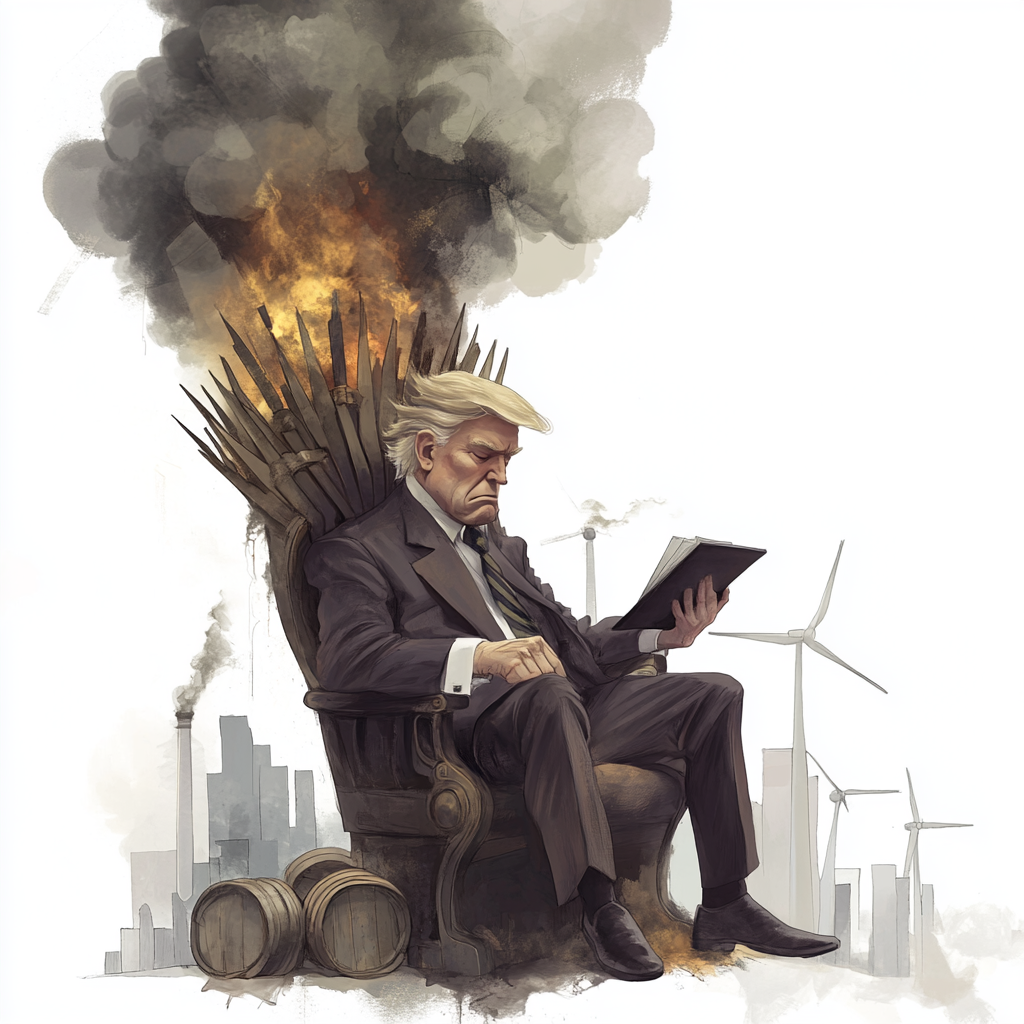 Donald Trump sitting on a burning throne with smoke rising, surrounded by wind turbines and factories emitting pollution.