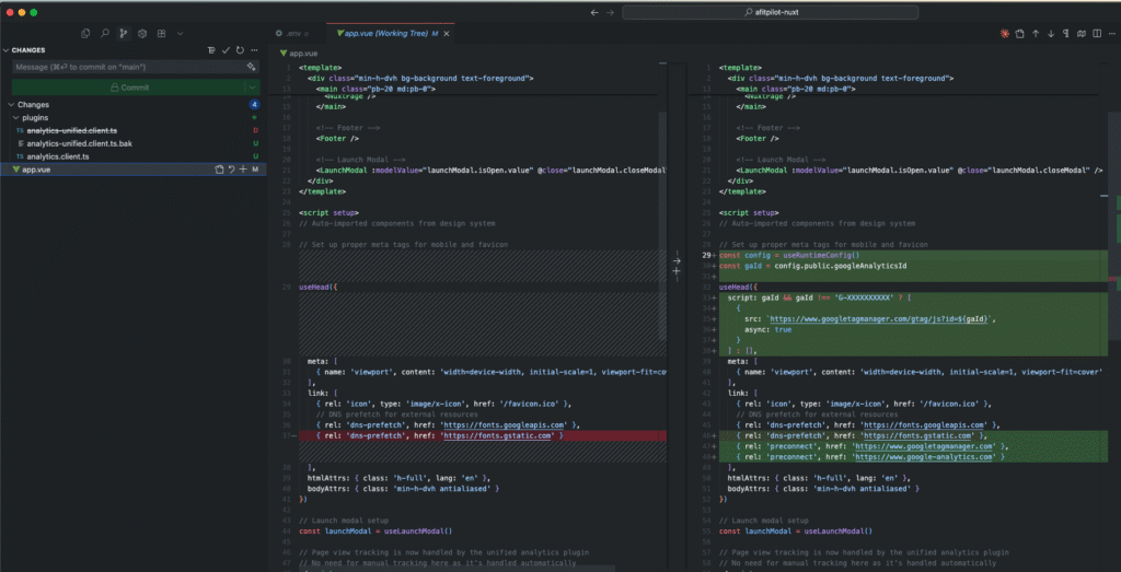 Nuxt project code diff showing fixed GA4 implementation using useHead in app.vue
