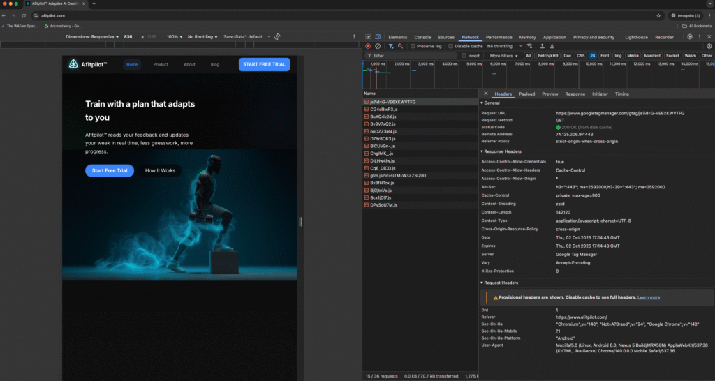 Afitpilot website with Chrome DevTools showing successful Google Analytics 4 request to gtag.js