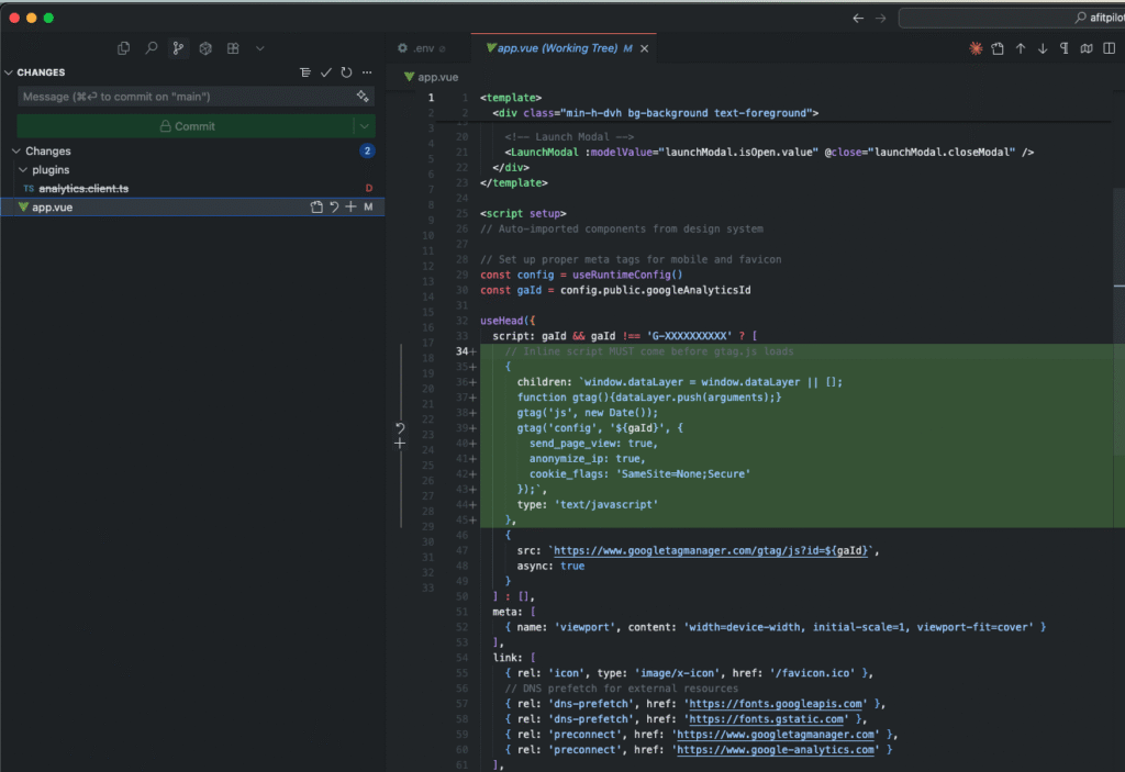 VS Code editor showing Nuxt app.vue file with corrected Google Analytics 4 initialization code