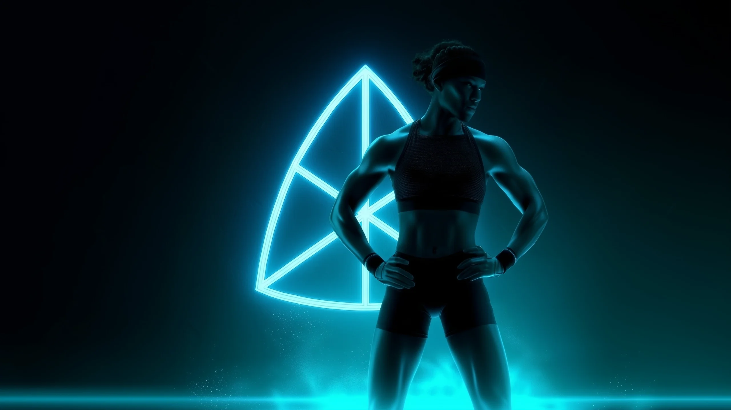 A strong female athlete standing confidently in front of a glowing geometric symbol, representing precision, control, and capacity-based training optimization.