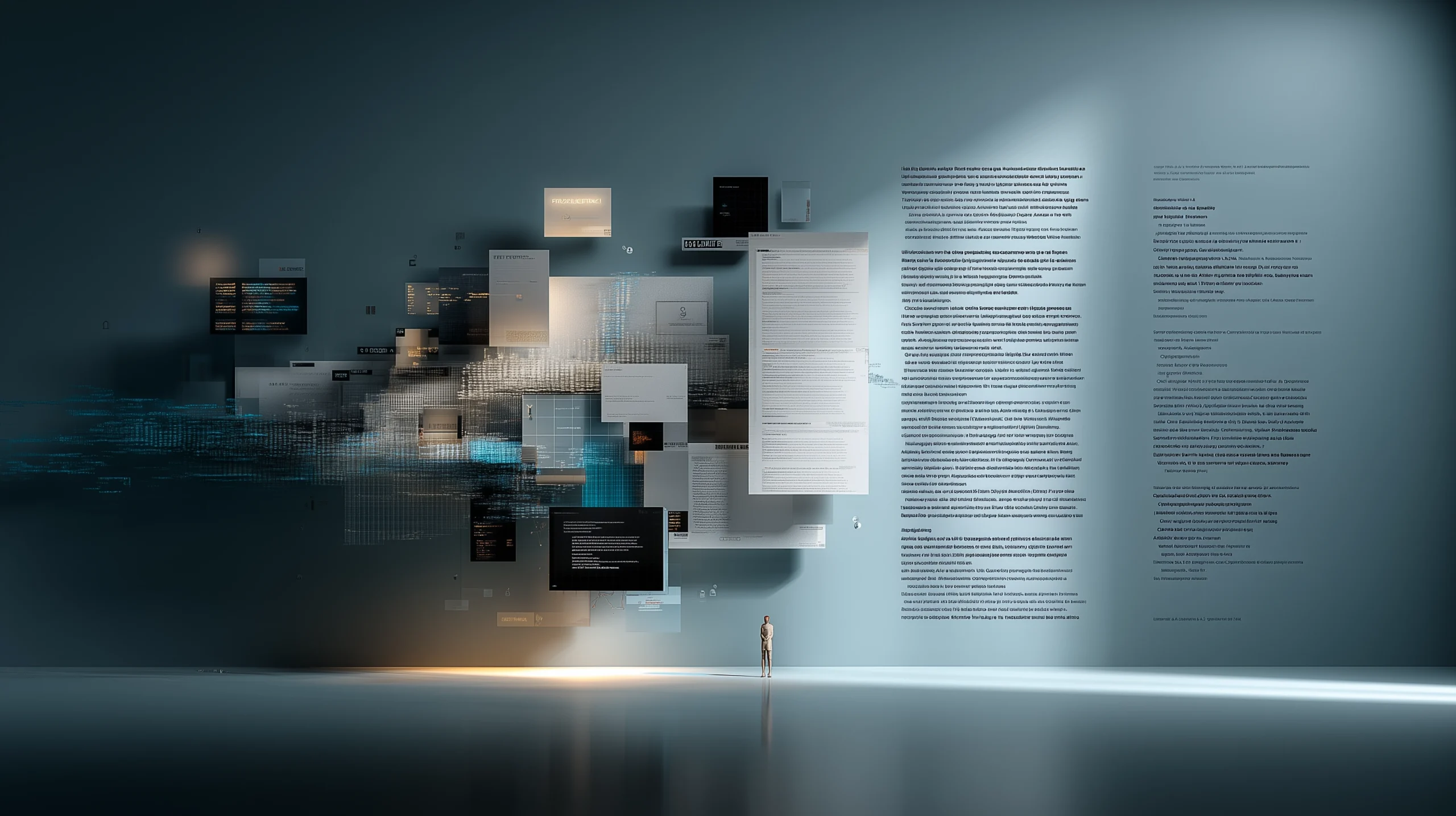 Abstract visualization of AI-generated text fragments transitioning from structured blocks to flowing natural language, illustrating free-text reasoning in large language models.