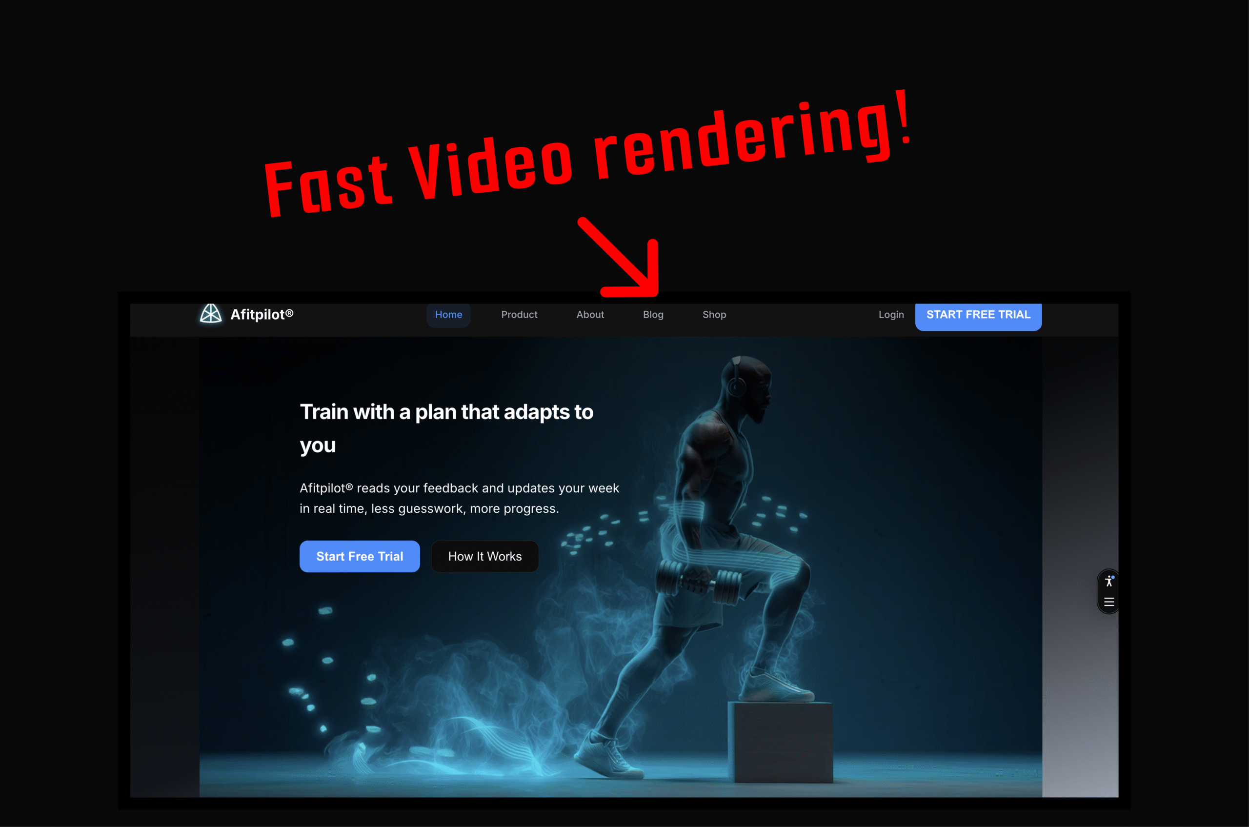 Screenshot of the Afitpilot homepage showing a hero section with instant background video rendering after performance optimizations in a Nuxt SSR app.