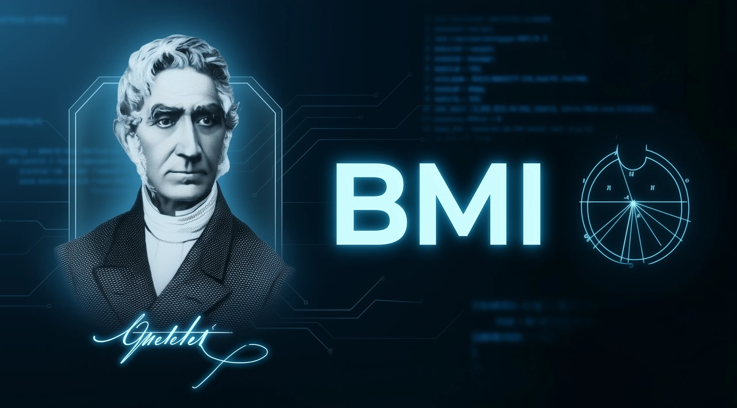 Stylised portrait of Adolphe Quetelet on a dark blue background next to the letters "BMI" and a geometric astronomical diagram, with his signature in the foreground.