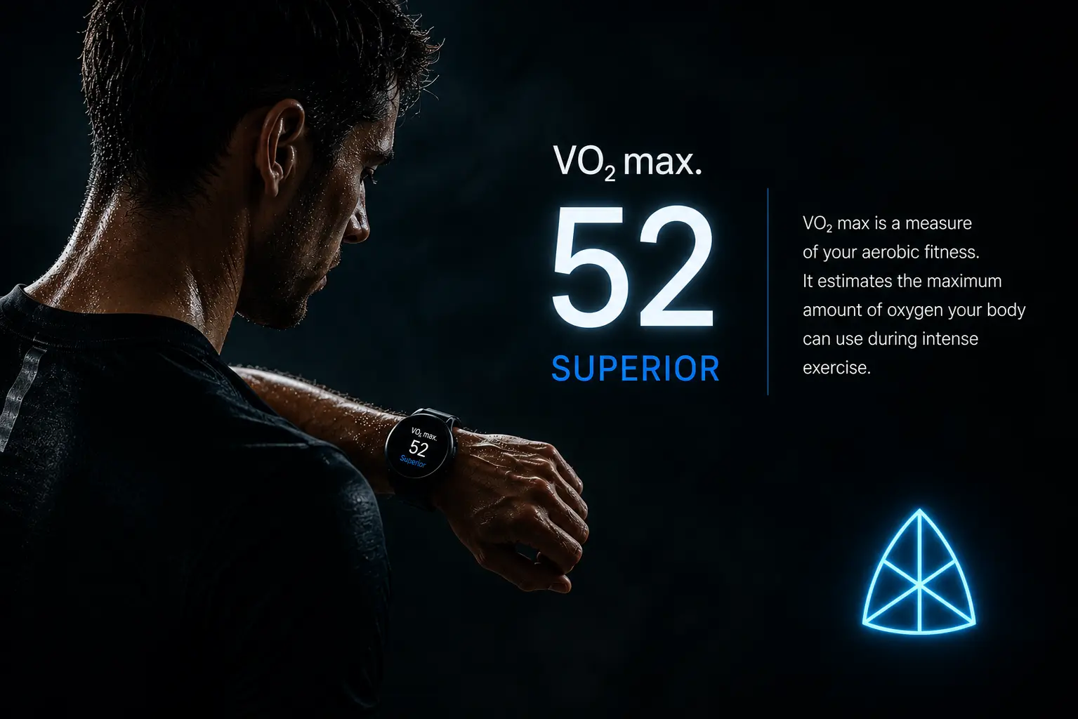 Athlete checking VO2max score of 52 rated Superior on smartwatch with AFitPilot branding
