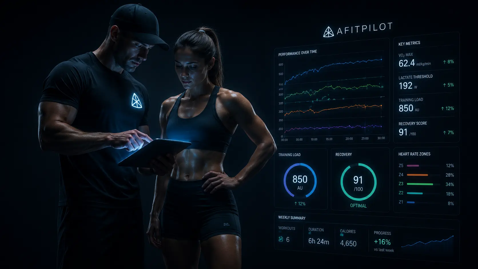 fitness coach and athlete reviewing data-driven training dashboard with performance metrics