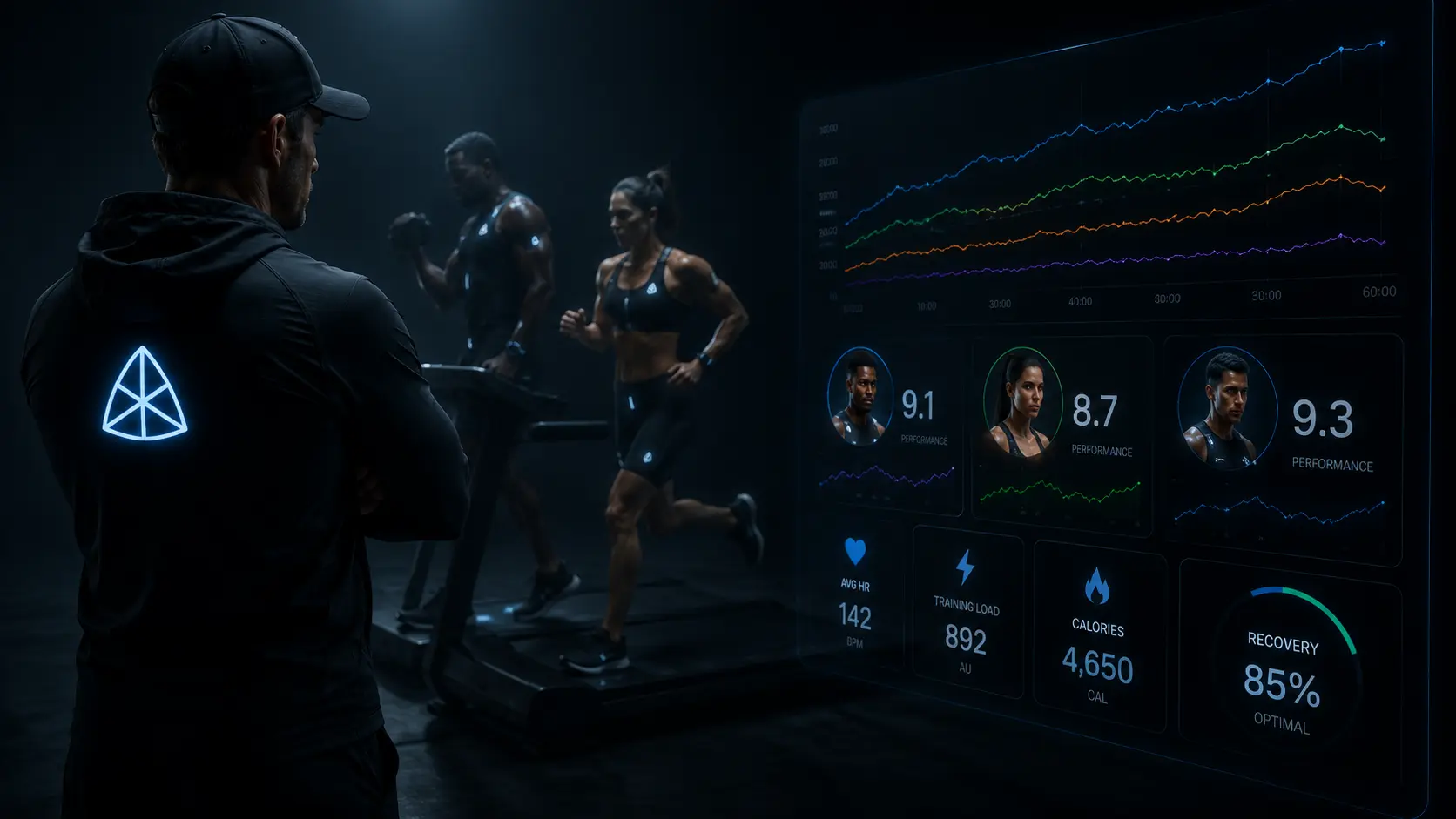 Elite fitness coach analyzing athlete training data and RPE feedback on a screen