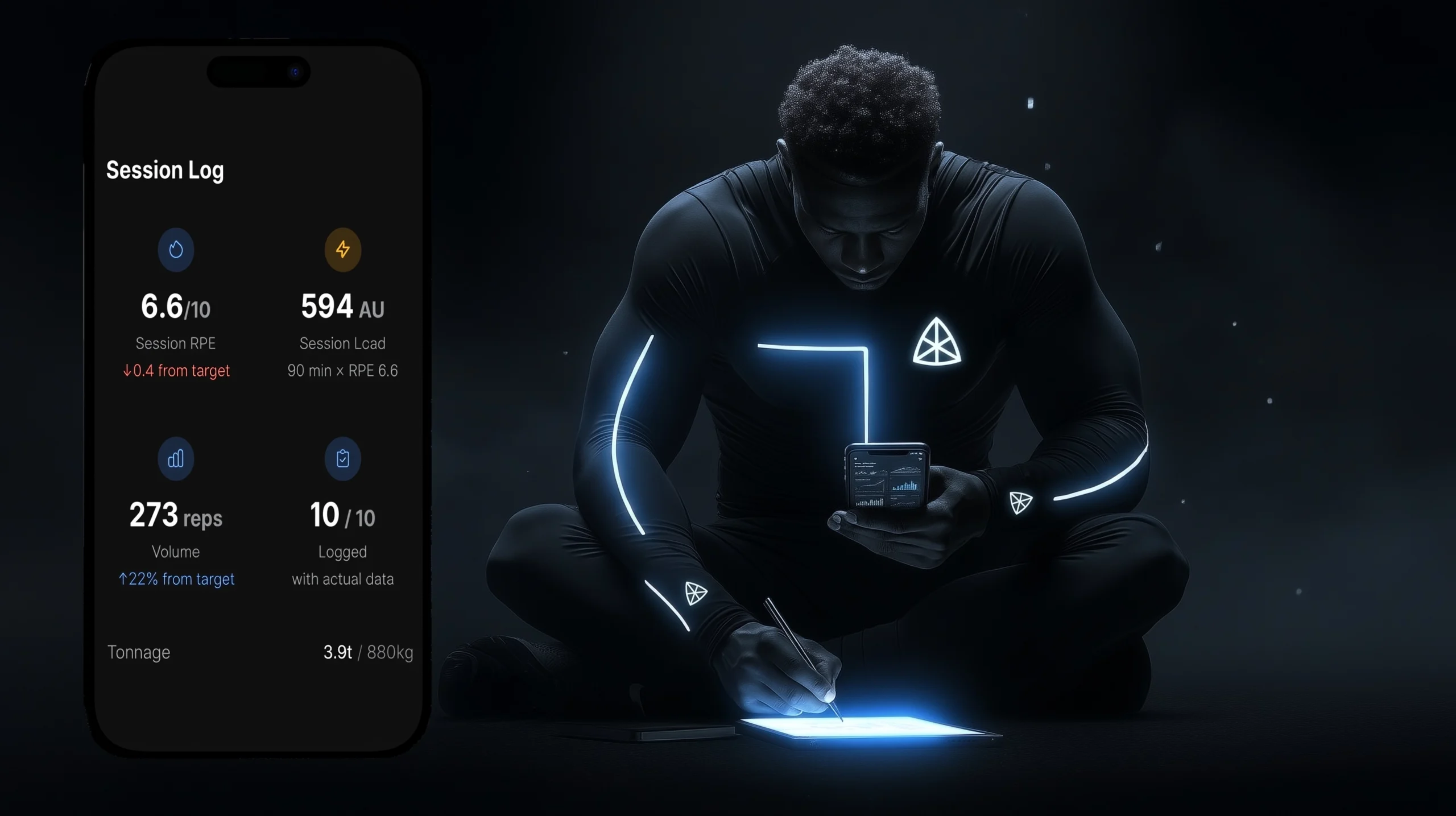 The Afitpilot session log card showing Session RPE 6.6/10, Session Load 594 AU (90 min × RPE 6.6), 273 reps volume, 10/10 logged, and tonnage 3.9t / 880kg, alongside a stylised athlete logging a training session on a tablet.