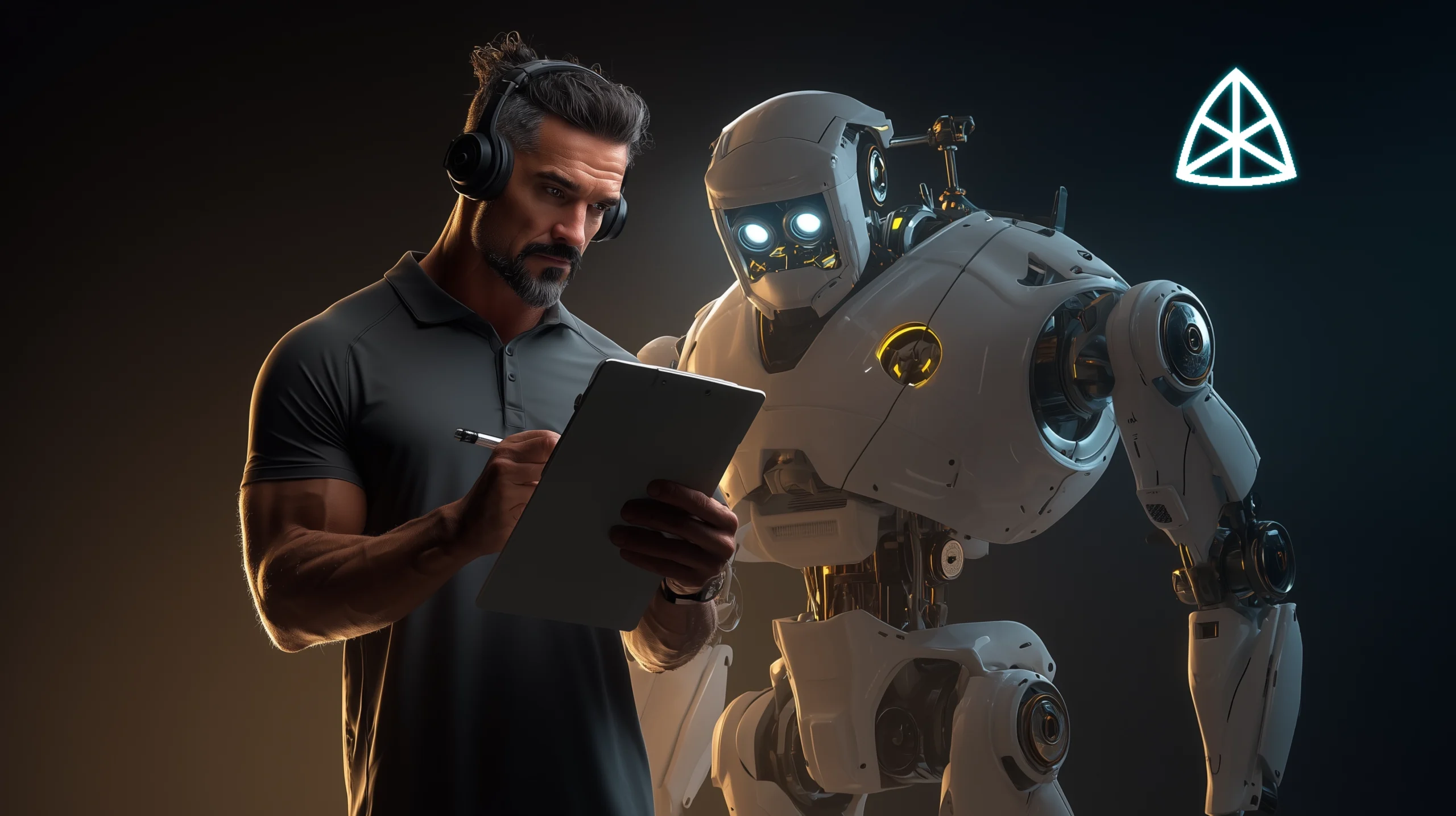 A human strength coach in a dark polo, wearing headphones and holding a tablet and stylus, stands beside a white humanoid robot with glowing eyes against a dark studio background.