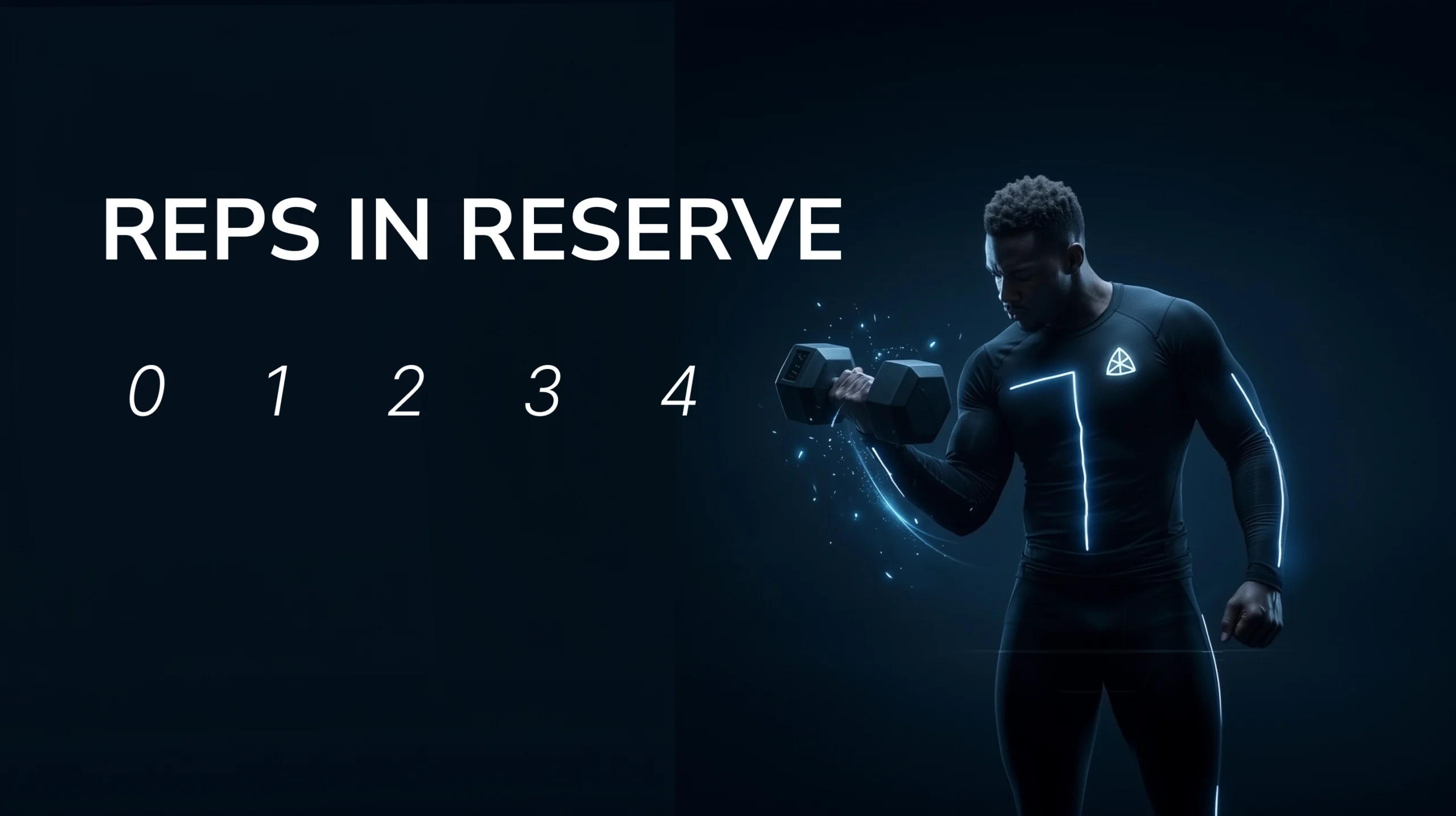 The reps in reserve scale displayed as the integers 0 through 4, beside a stylised athlete performing a dumbbell curl, in dark blue tones with glowing accent lines and an Afitpilot logo on the chest.