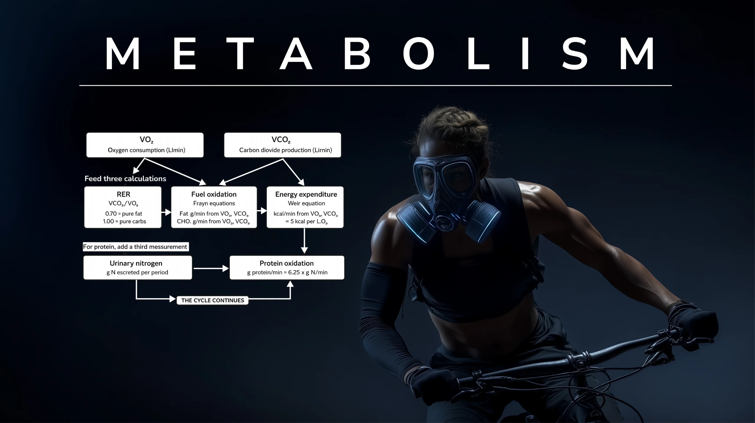 A stylised athlete wearing a respiratory mask exhales visualised carbon dioxide, with O₂ and CO₂ molecular notation in the surrounding air, on a dark blue background.