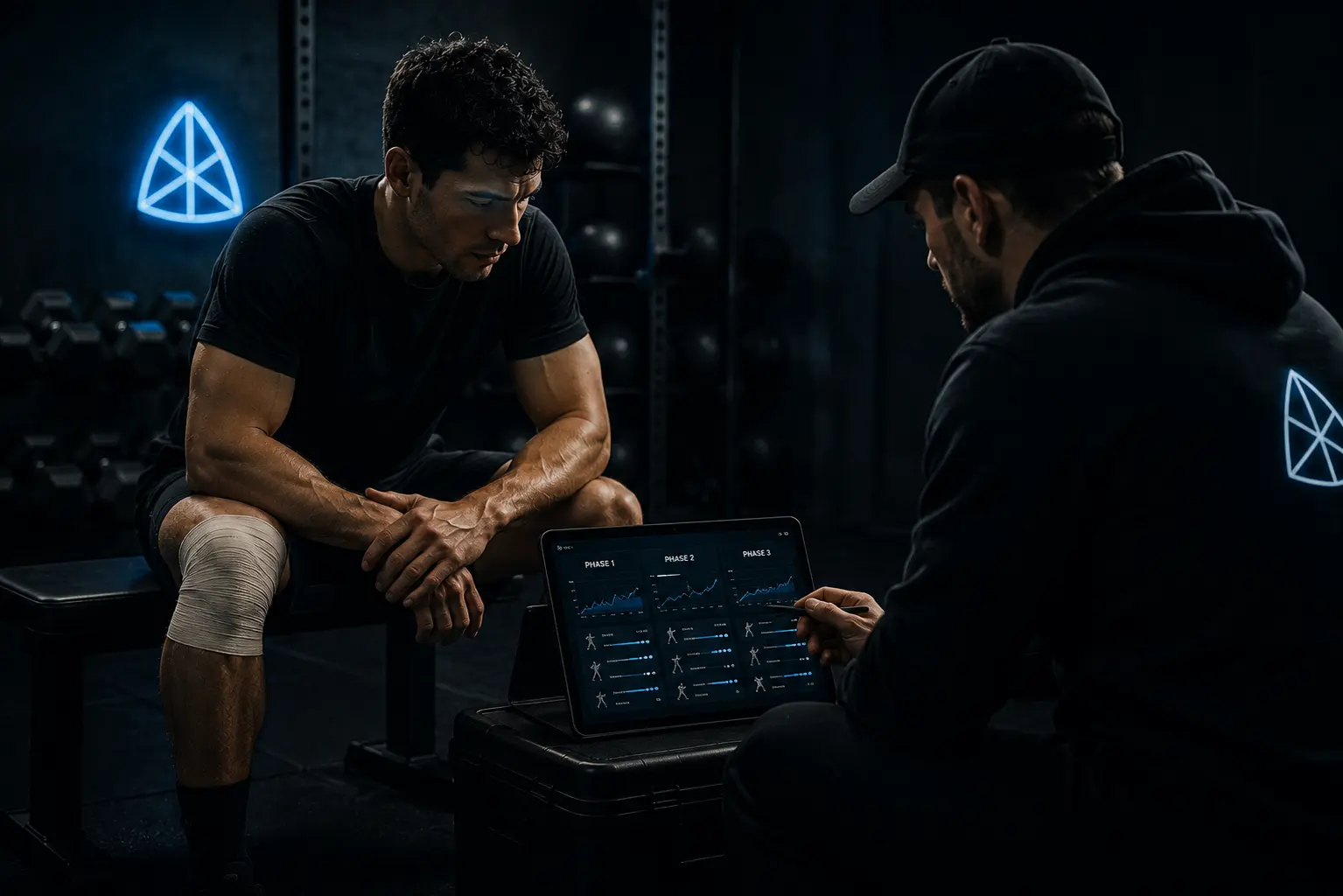 Athlete with wrapped knee reviewing training plan with coach — representing structured injury programming and graded return-to-training load management.