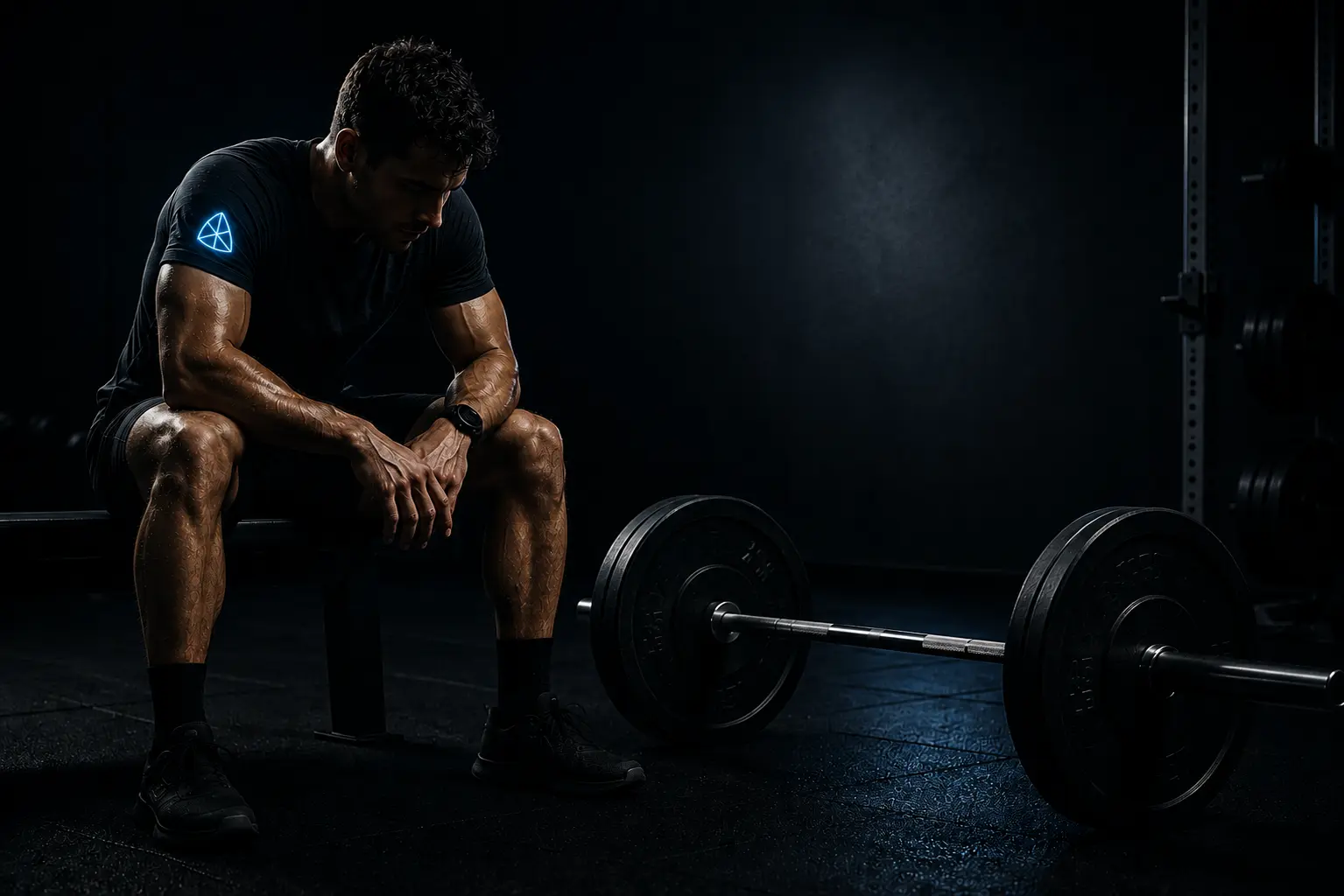 Athlete pausing mid-workout, looking at a barbell — representing the moment training progress stalls and the need to understand adaptation science.