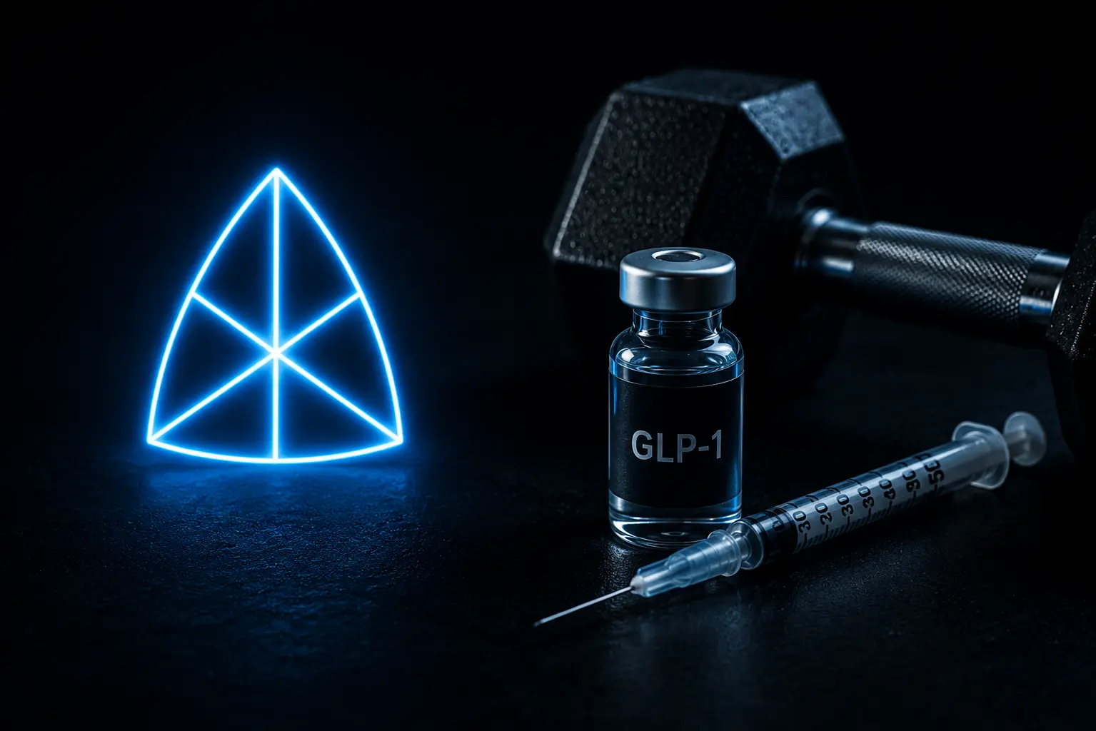 GLP-1 medication vial and syringe next to a dumbbell with the AFitPilot logo, representing the intersection of weight loss medication and resistance training