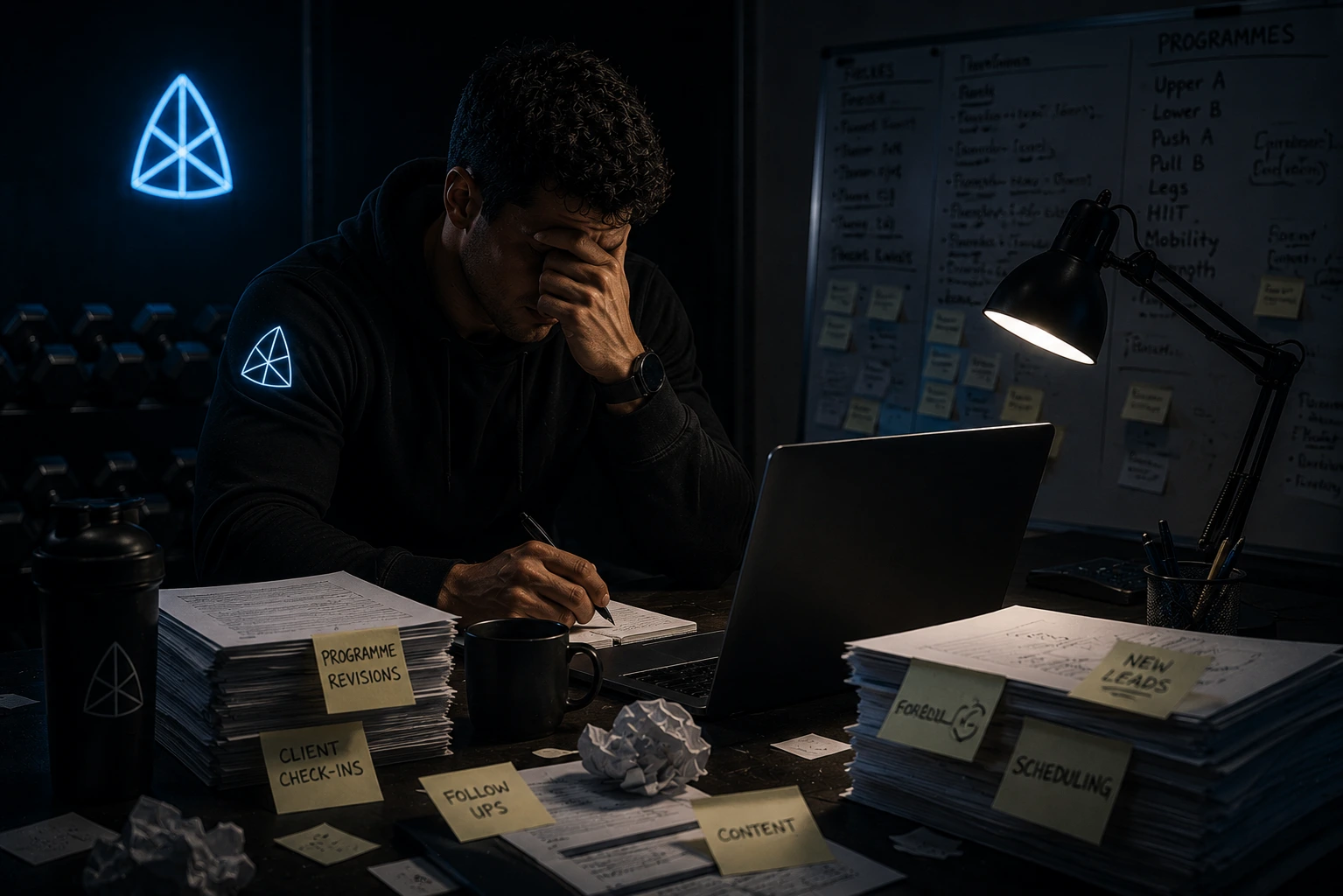 Coach surrounded by paperwork and a laptop late at night — representing the administrative burden that consumes up to 30% of a personal trainer's working week.