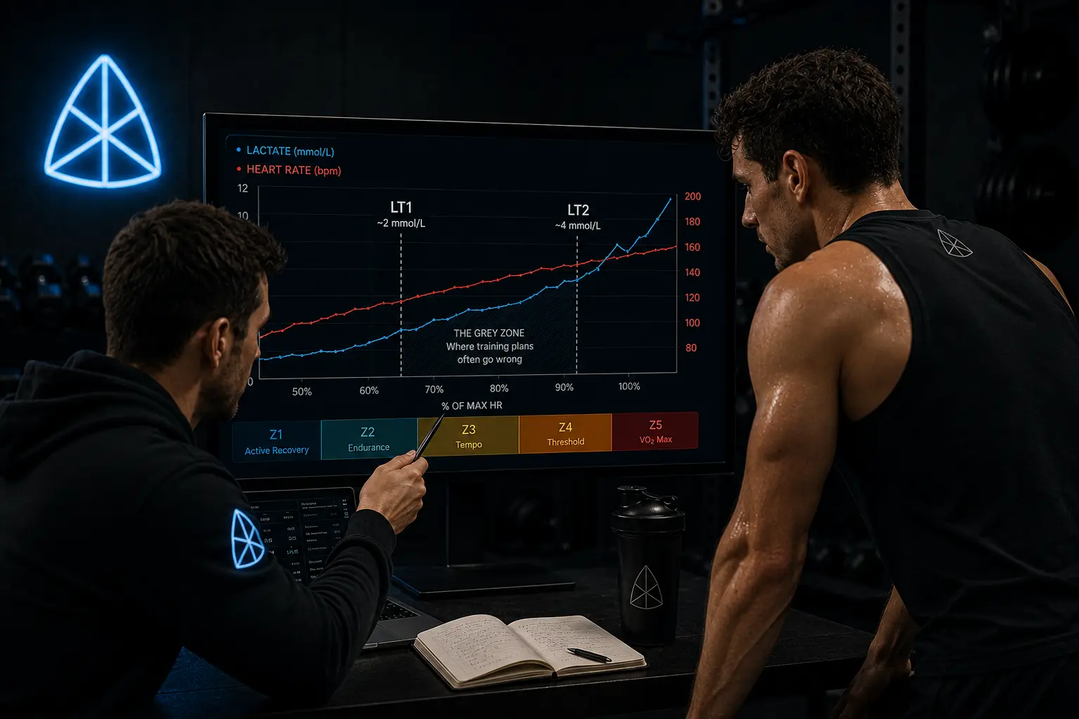 Coach reviewing a lactate and heart rate graph with an athlete, representing the distinction between LT1 and LT2 thresholds used to set training zones.