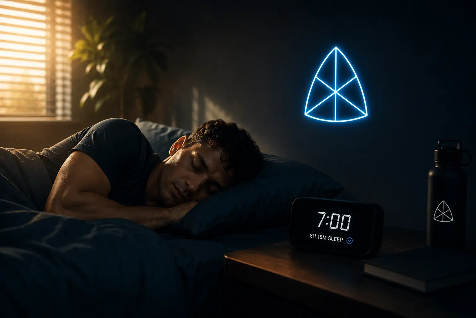 Male athlete sleeping with an AFitPilot-branded clock showing 8 hours 15 minutes of sleep — illustrating sleep as a critical recovery and performance variable.
