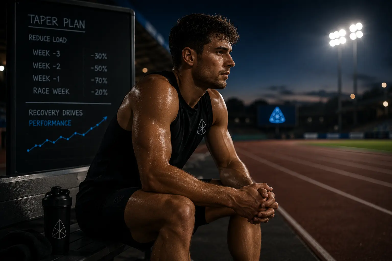 Athlete resting trackside before competition, representing the reduced training load and recovery period of a competition taper.
