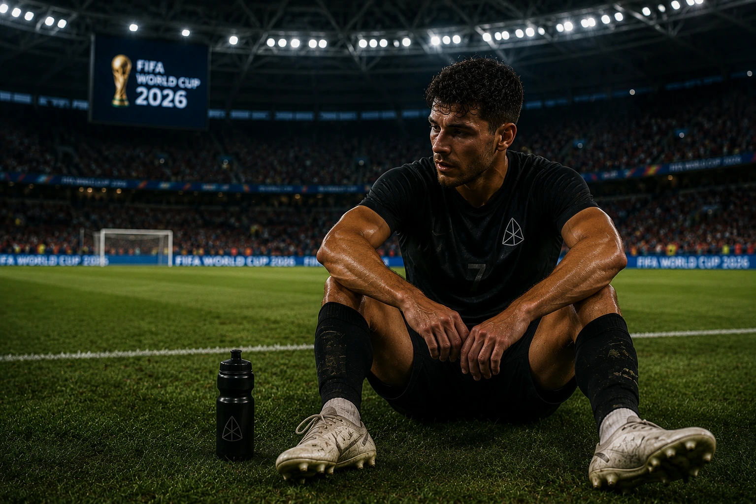 Footballer resting on the pitch during a match, representing the load, heat, and recovery challenges of the 2026 World Cup and the broader lesson in training load management.