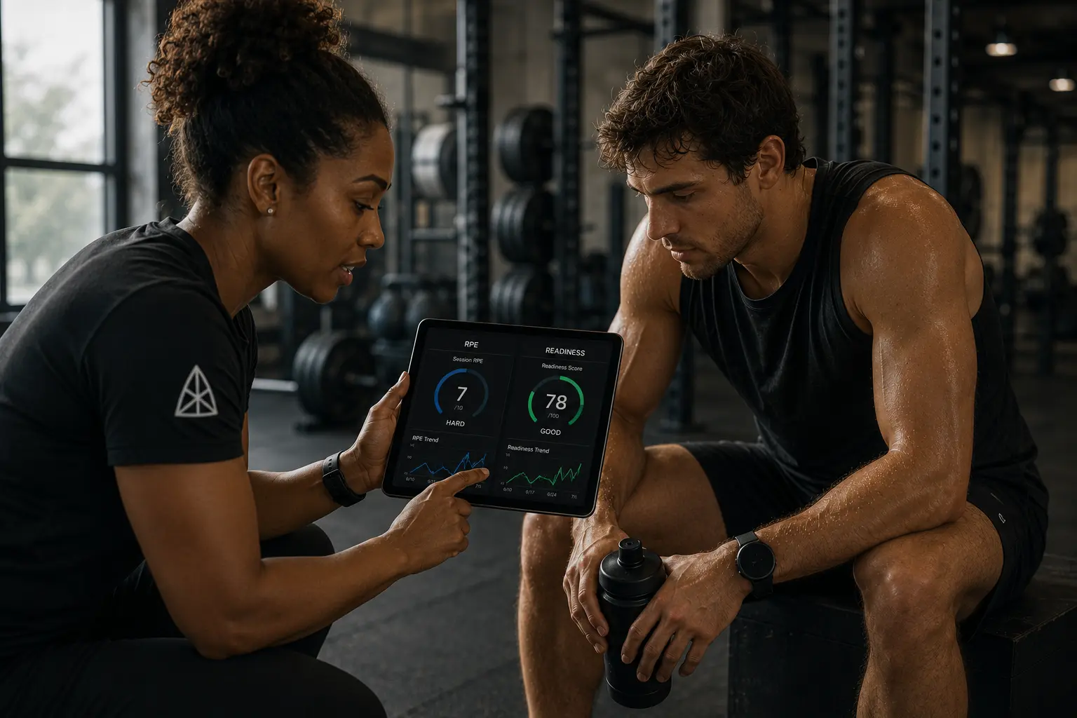 A coach reviewing an athlete's training data on a tablet, representing the comparison between subjective RPE and objective wearable readiness scores.