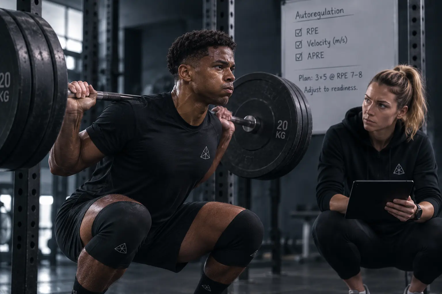 lifter mid-squat while a coach observes, representing real-time autoregulation of training load based on daily readiness.