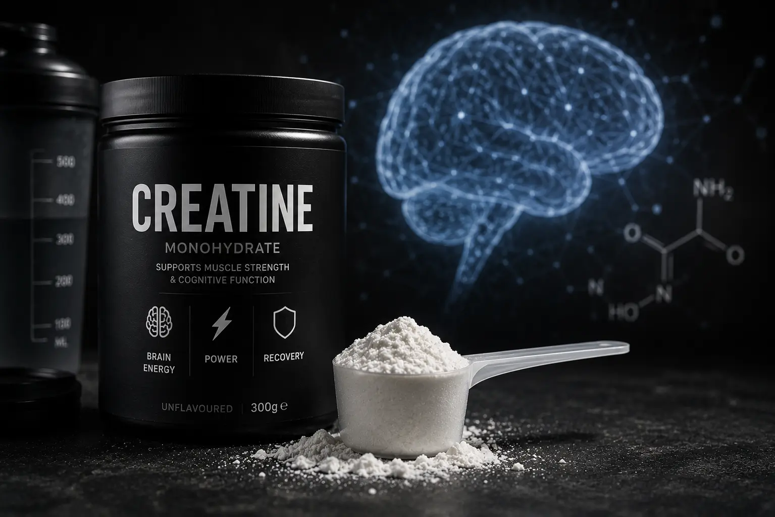 Creatine supplement powder and a scoop, representing the research on creatine's role in brain energy metabolism beyond muscle performance.