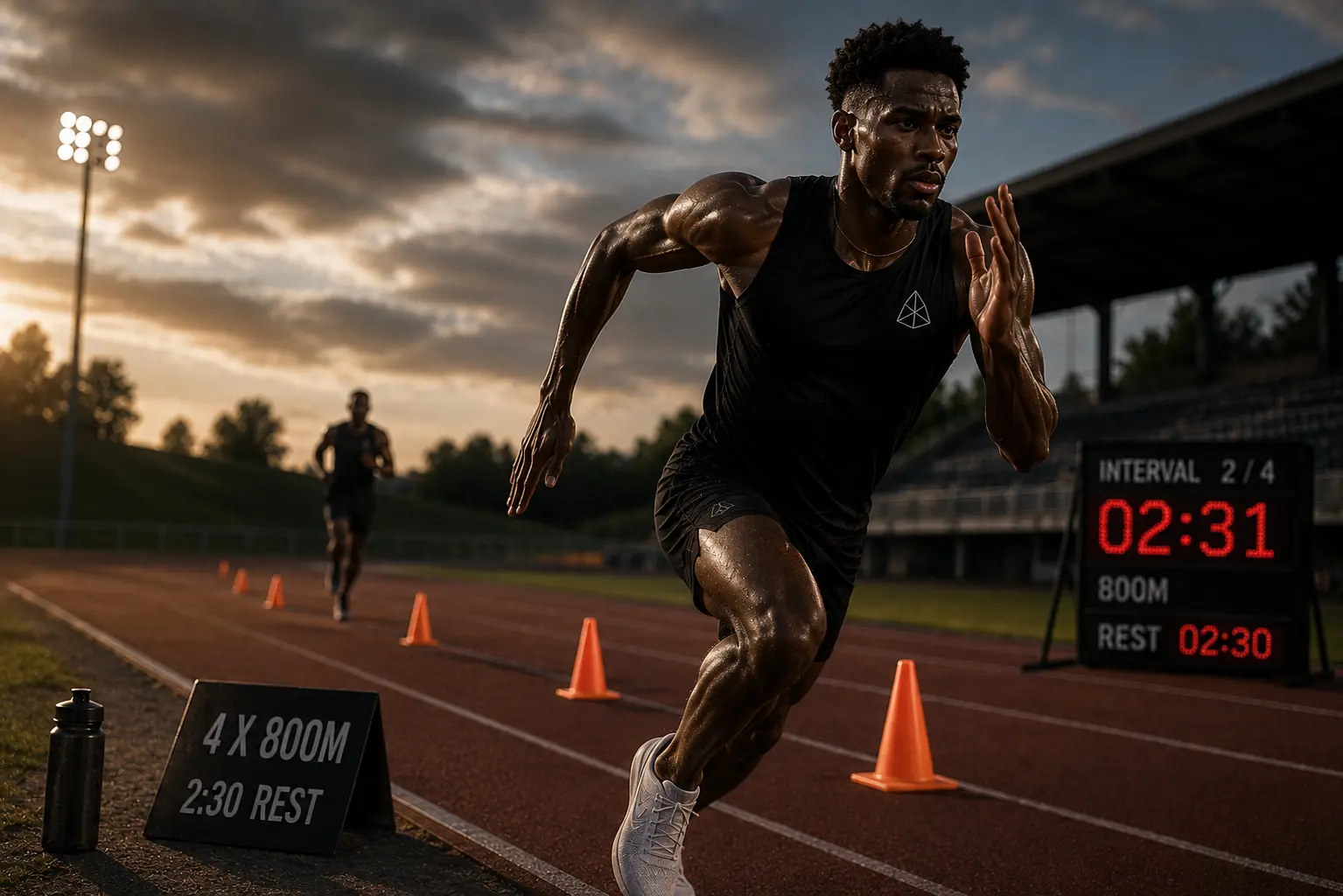 A runner on a track in motion, representing the long history of interval training from early coaches to modern HIIT.