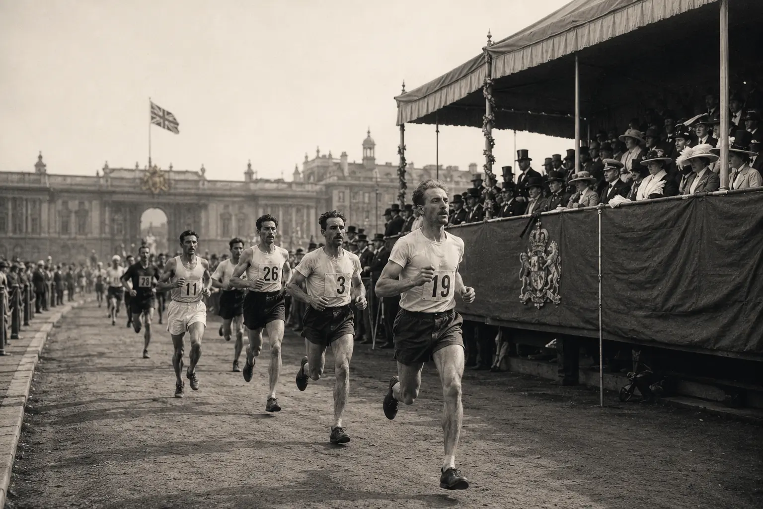 unners on a road marathon course, representing the standardized 42.195 km distance and its origin at the 1908 London Olympics.