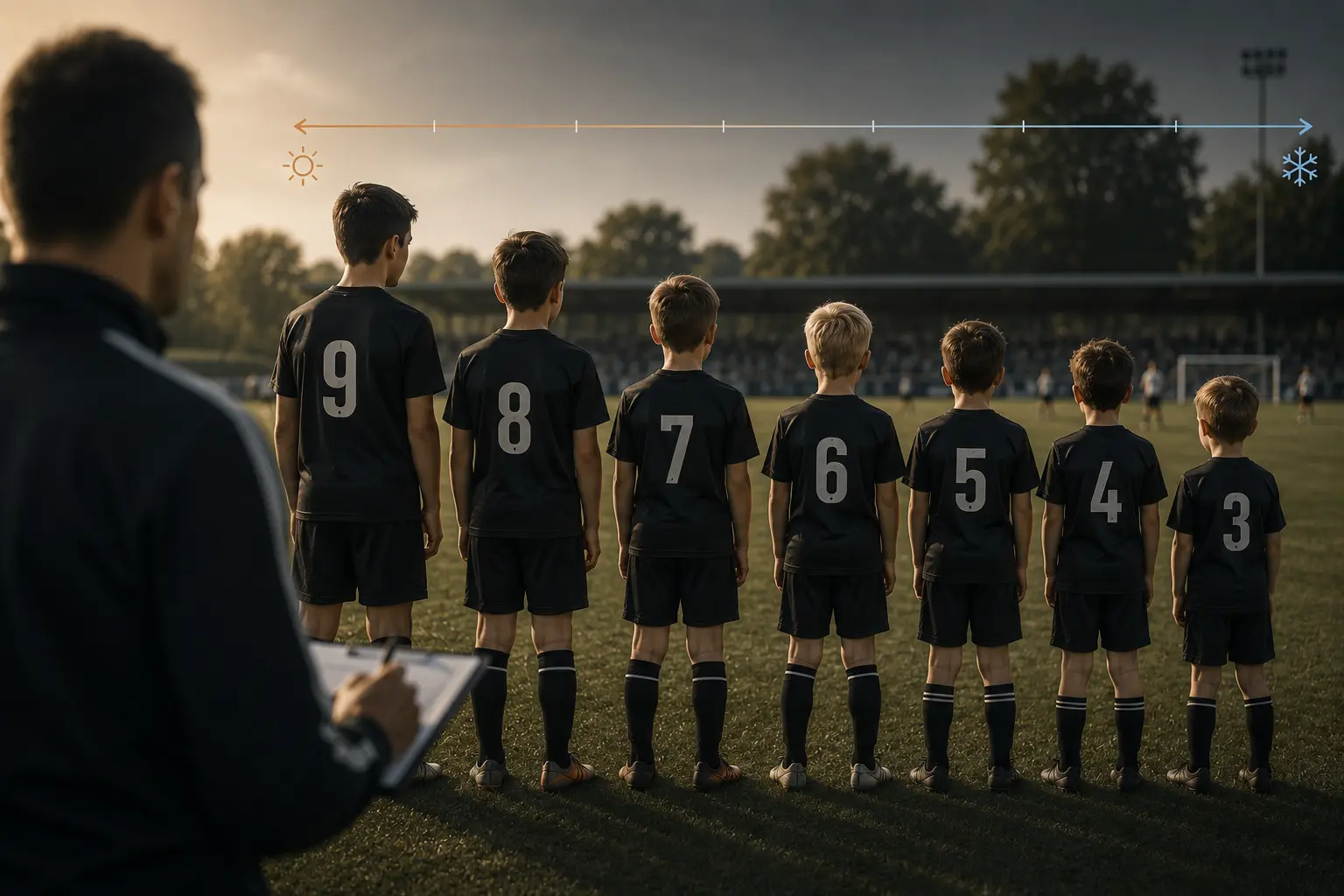 Youth soccer players of varying sizes on a field, representing the physical maturation differences behind the relative age effect in talent identification.