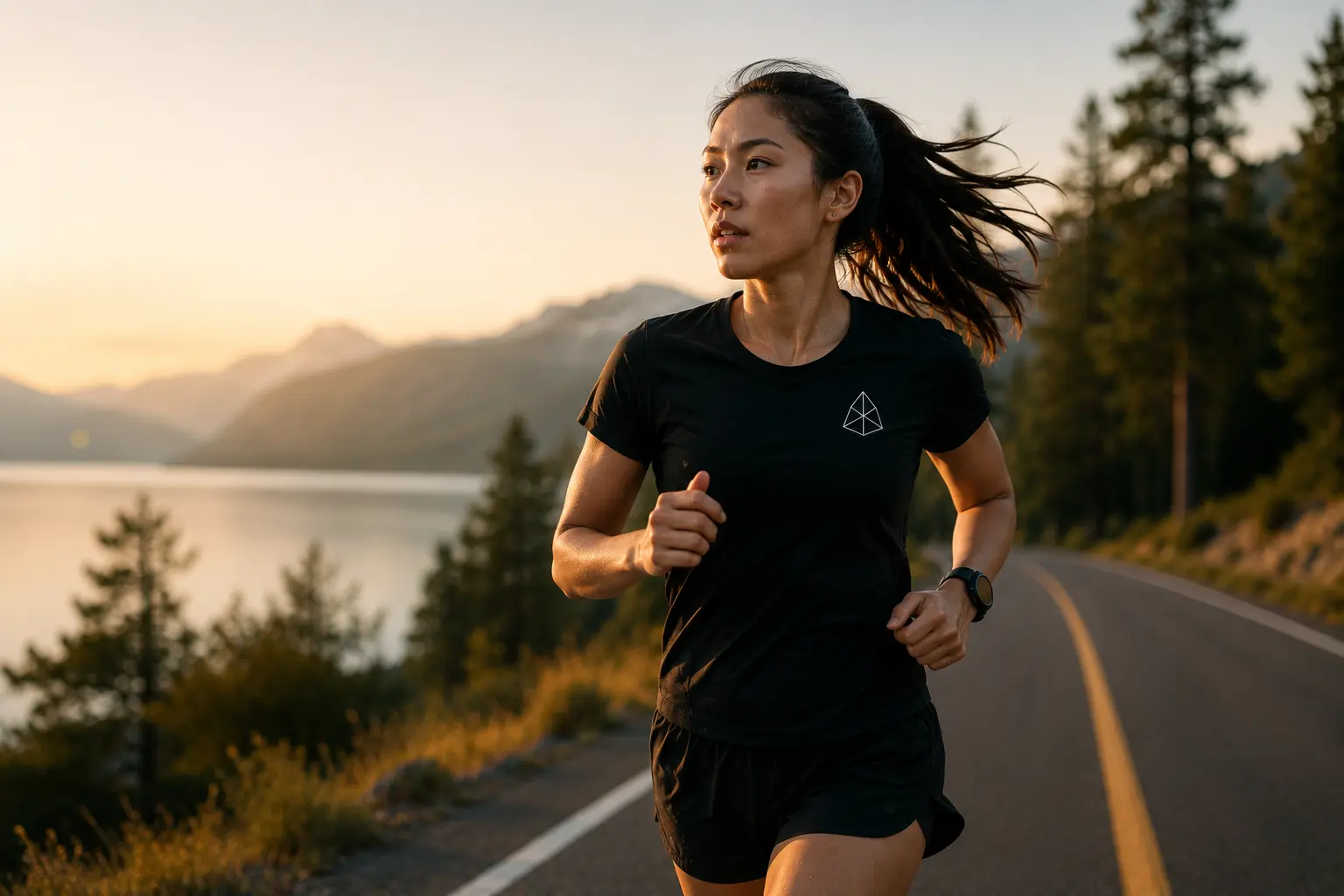 A runner at an easy conversational pace on a quiet road, representing low-intensity Zone 2 aerobic training.