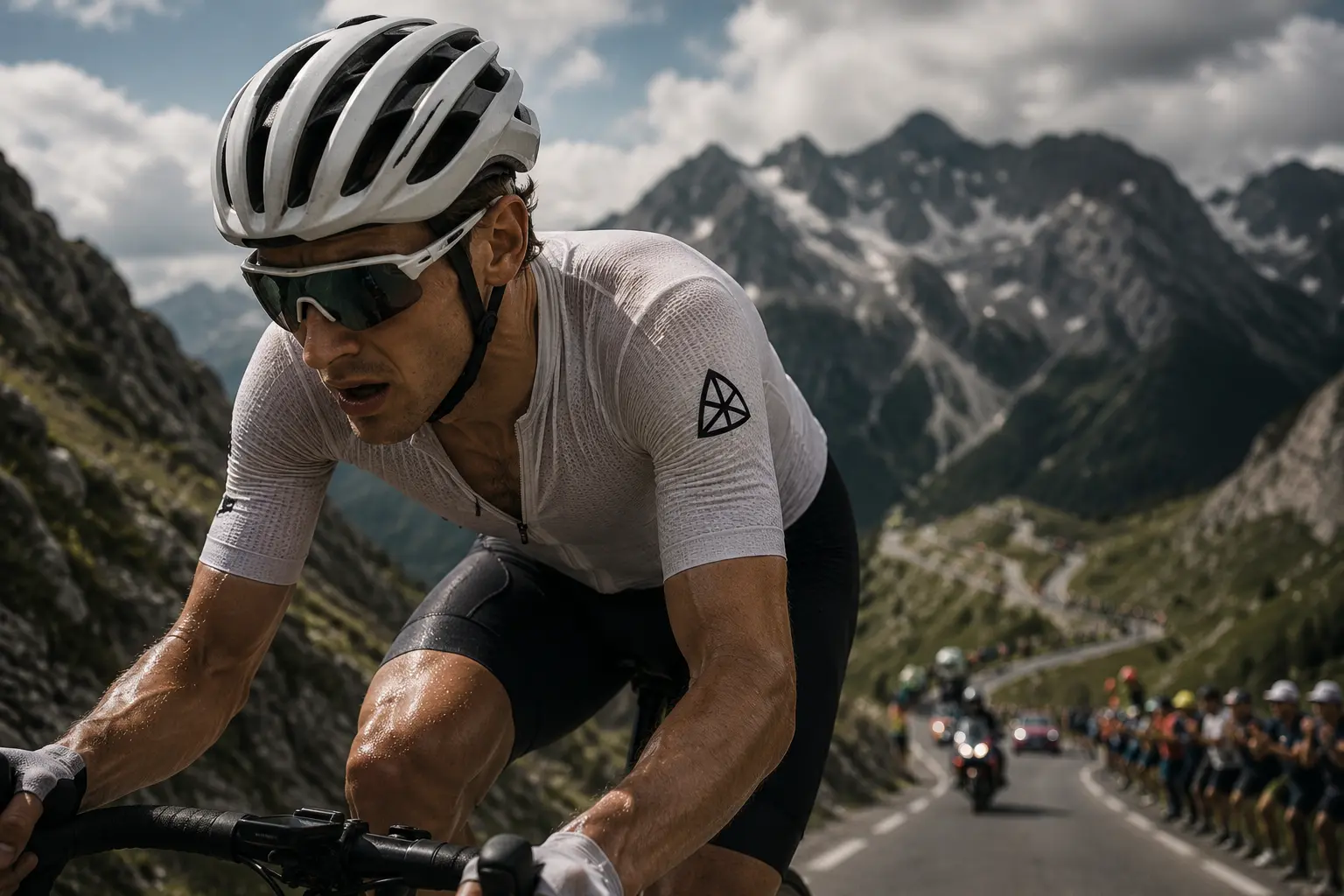 A cyclist climbing a mountain stage during a Grand Tour, representing the sustained output and fatigue management required to defend a race lead across three weeks.