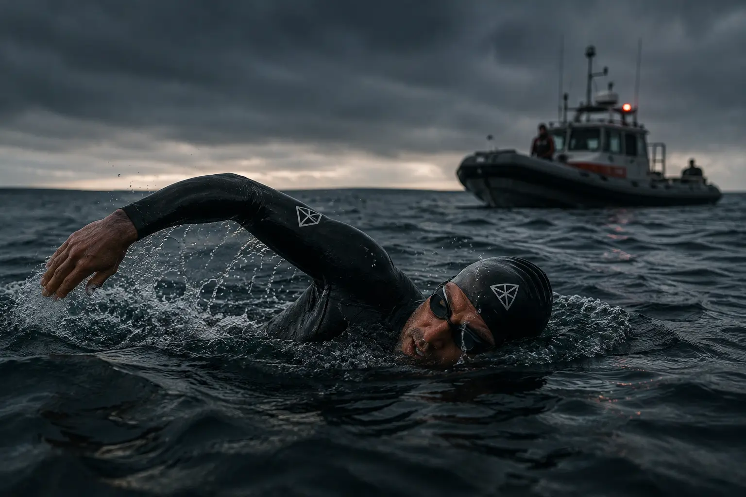 An open-water swimmer in cold, dark water, representing the physiological demands of a multi-day continuous swim.