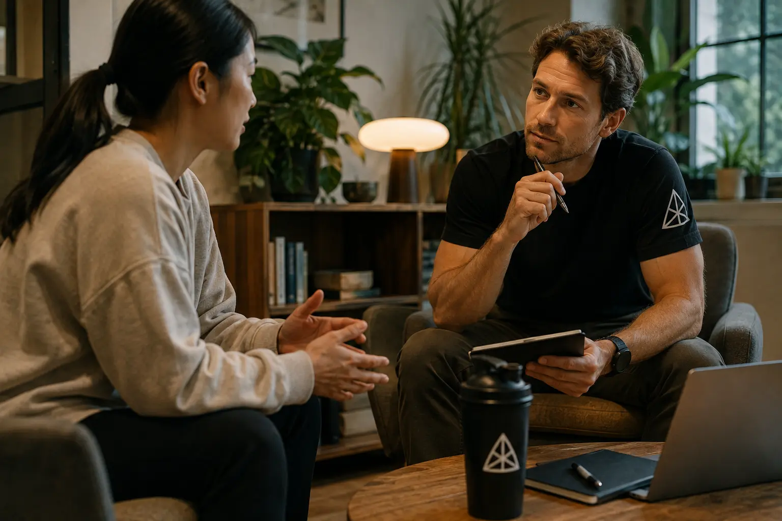 A coach attentively listening to a client during a conversation, representing the nonverbal cues and context a coach notices beyond training data.