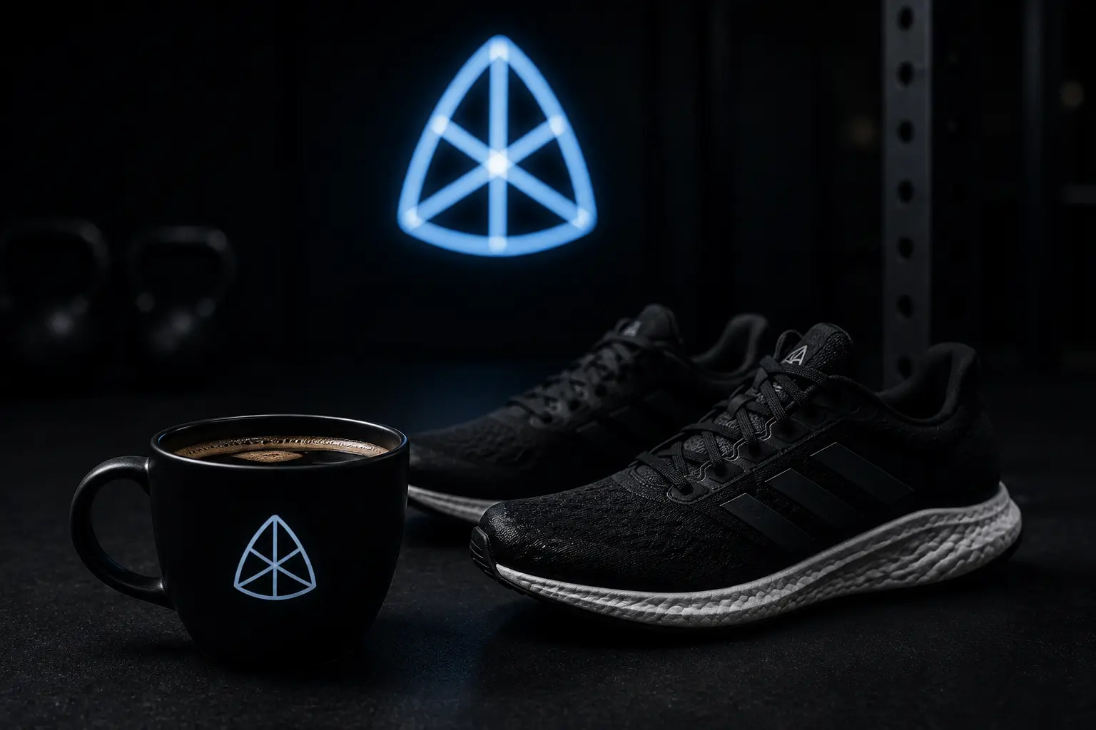 A cup of coffee beside running shoes, representing the research on caffeine's ergogenic effect on endurance performance.