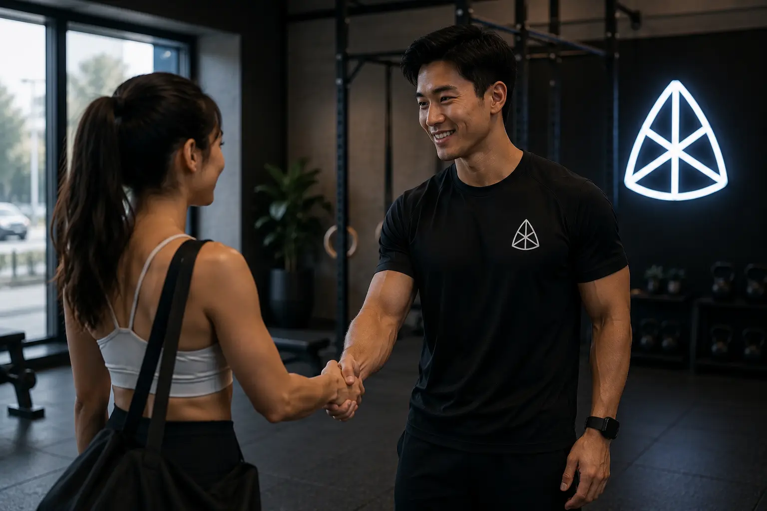 A coach greeting a new client at a gym, representing the early client acquisition stages for a coach without an established reputation.