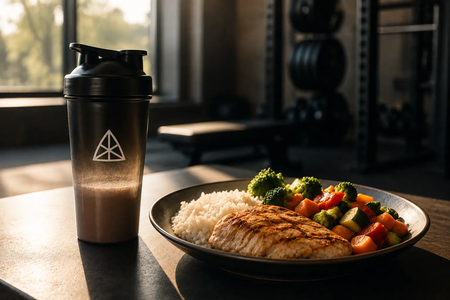 A protein shake next to a meal, representing the research showing total daily protein intake matters more than precise post-workout timing.