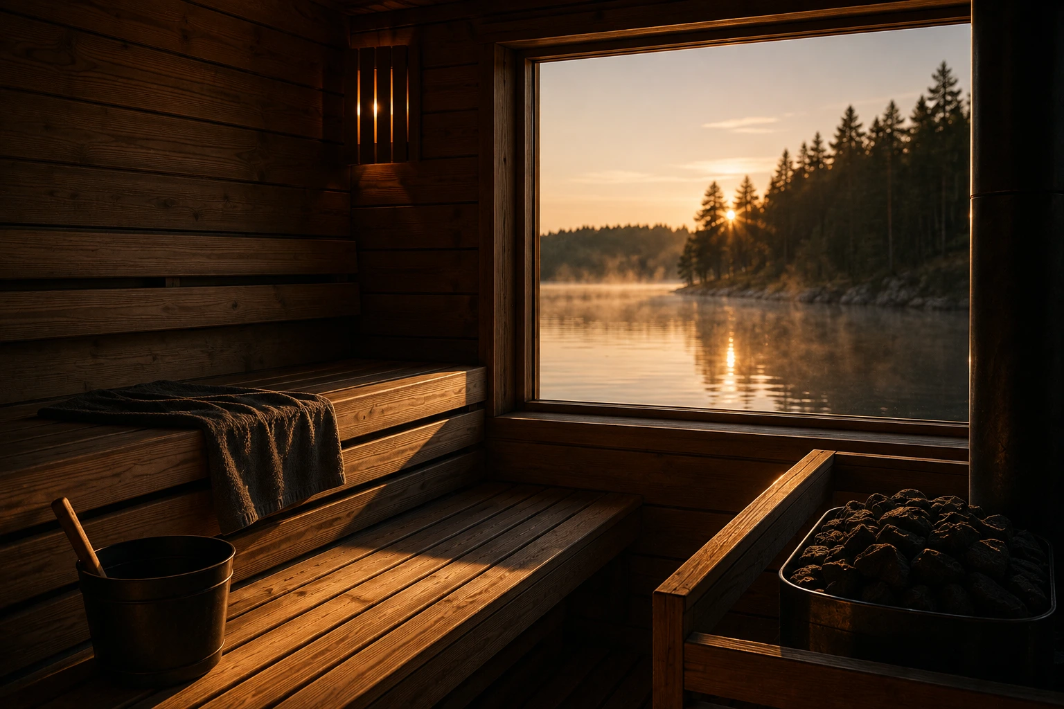 The interior of a traditional Finnish sauna, representing the cardiovascular research on frequent heat exposure and longevity.
