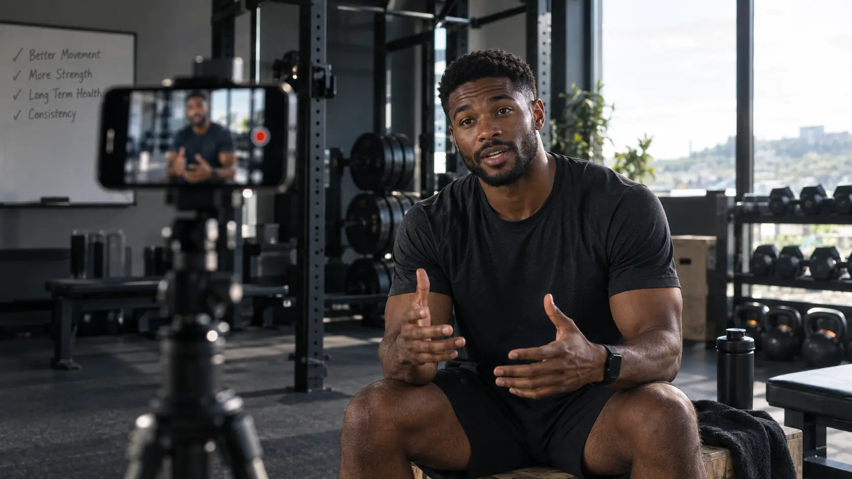 A coach filming content on a phone in a gym, representing the growing expectation that coaches also run a content presence.
