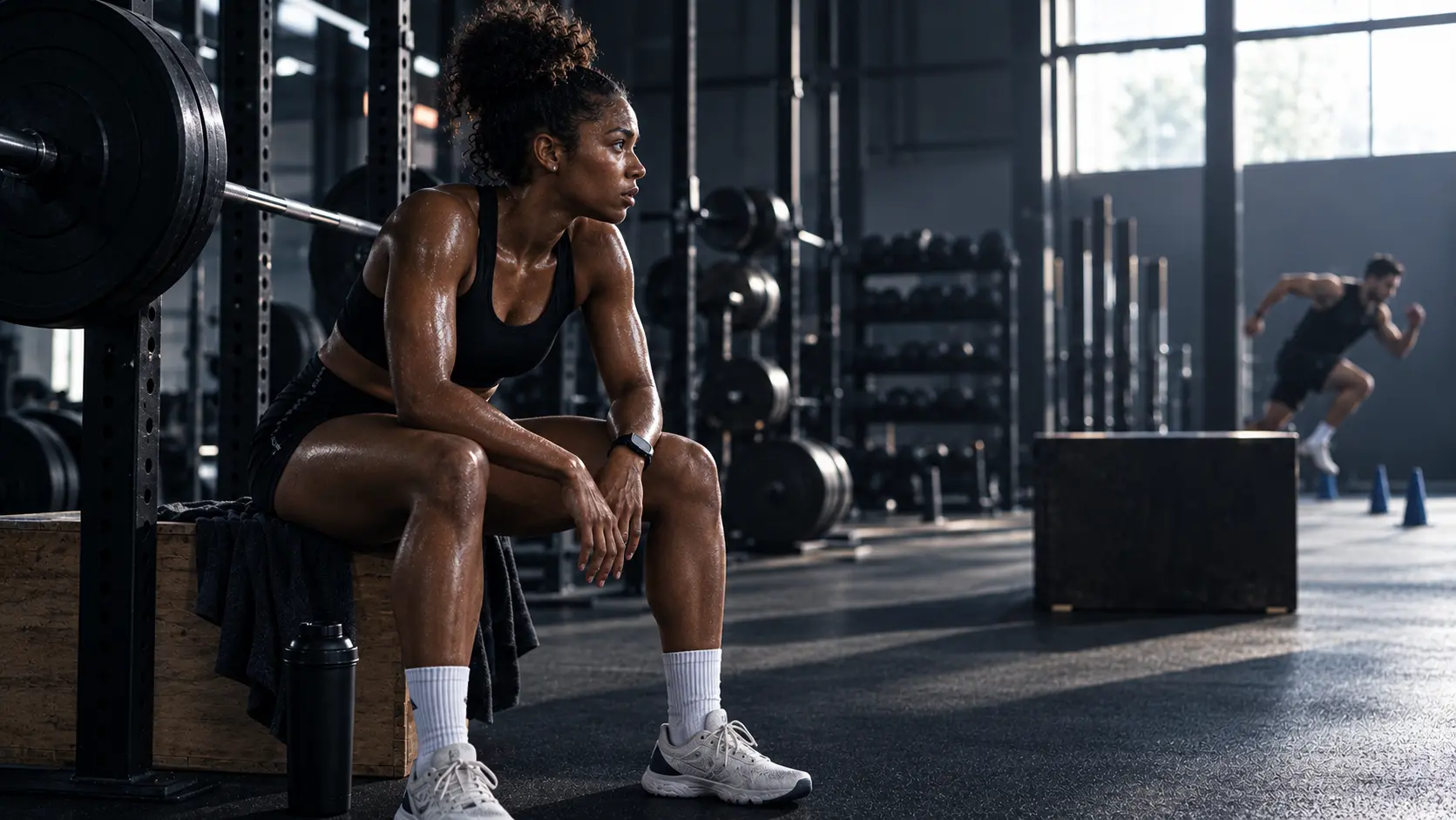An athlete resting after a heavy squat before an explosive movement, representing research on the post-activation potentiation rest window.