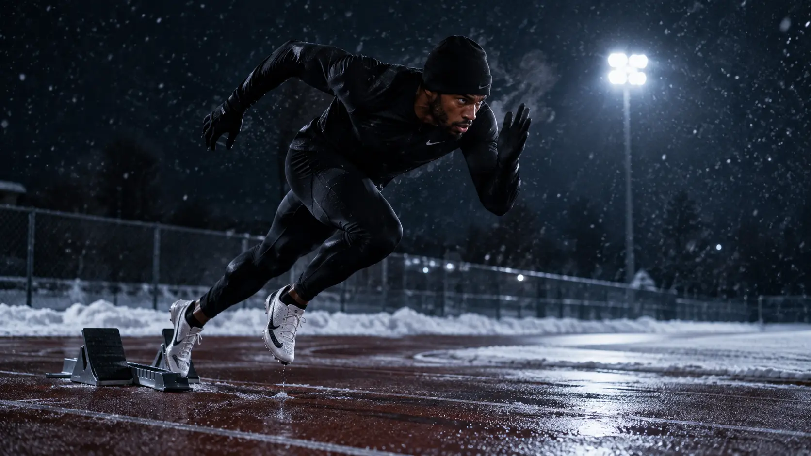 An athlete accelerating out of a sprint start, representing research on speed periodization and force-velocity profiling.