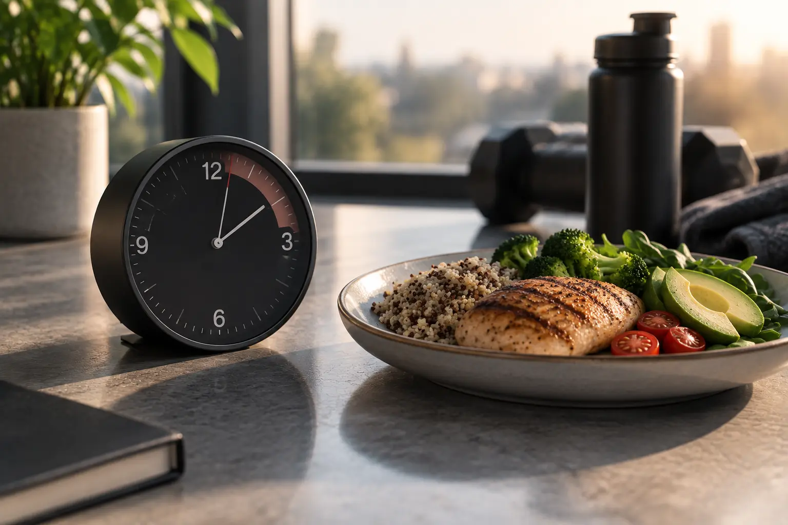 A clock beside a plate of food, representing time-restricted eating and its research-backed effects on athletic performance.