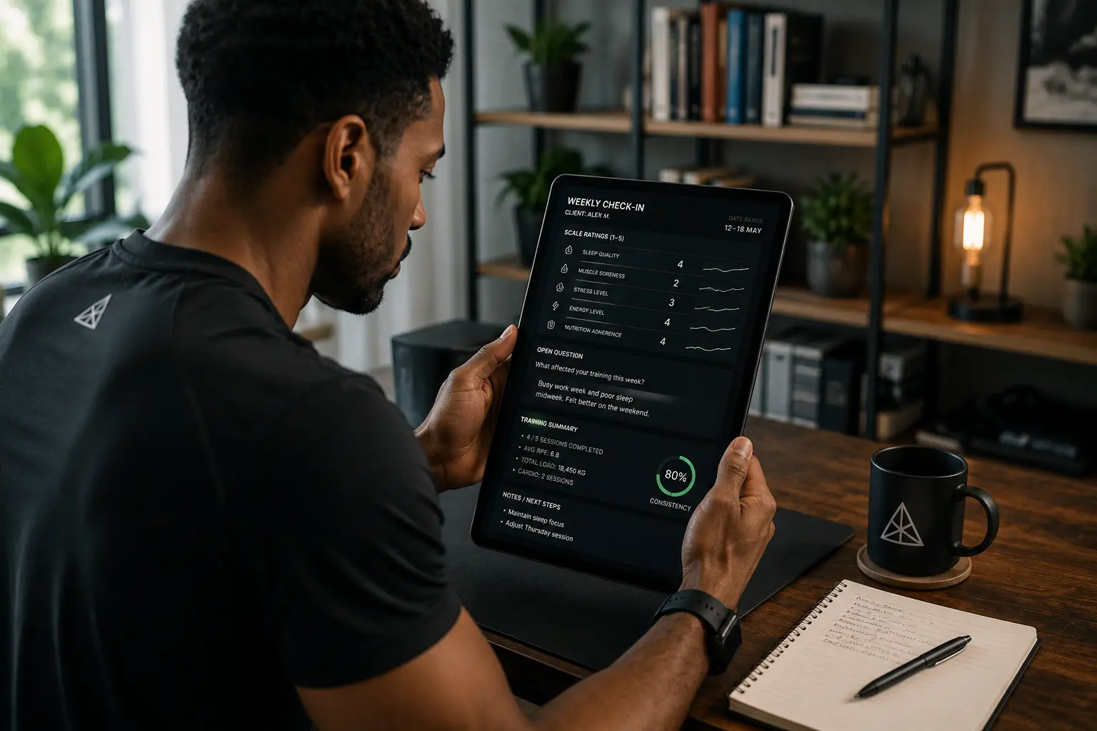 A coach reviewing a client's weekly check-in on a tablet, representing a structured, scannable check-in format.