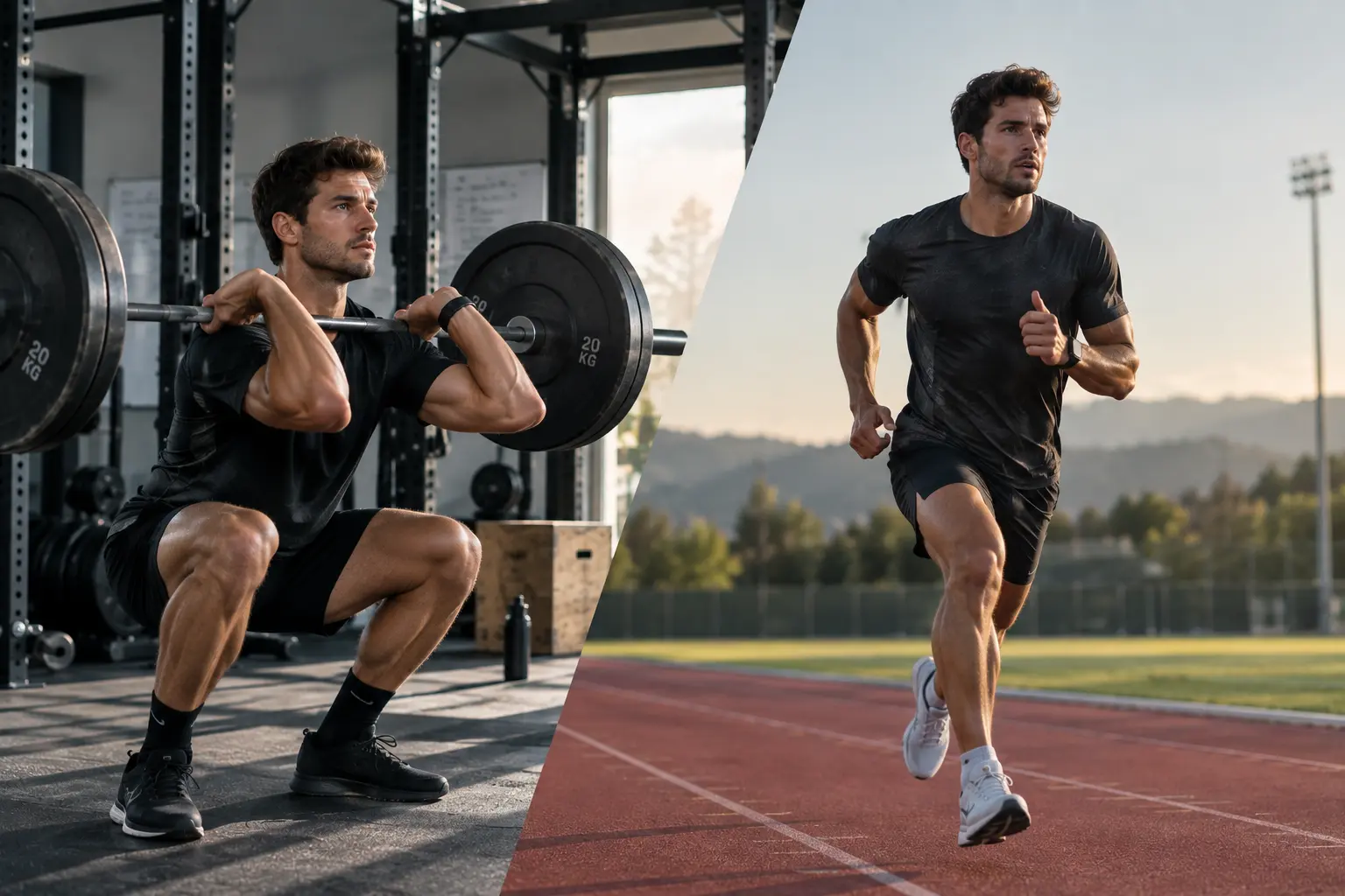 An athlete transitioning between a strength session and endurance conditioning, representing research on the concurrent training interference effect.