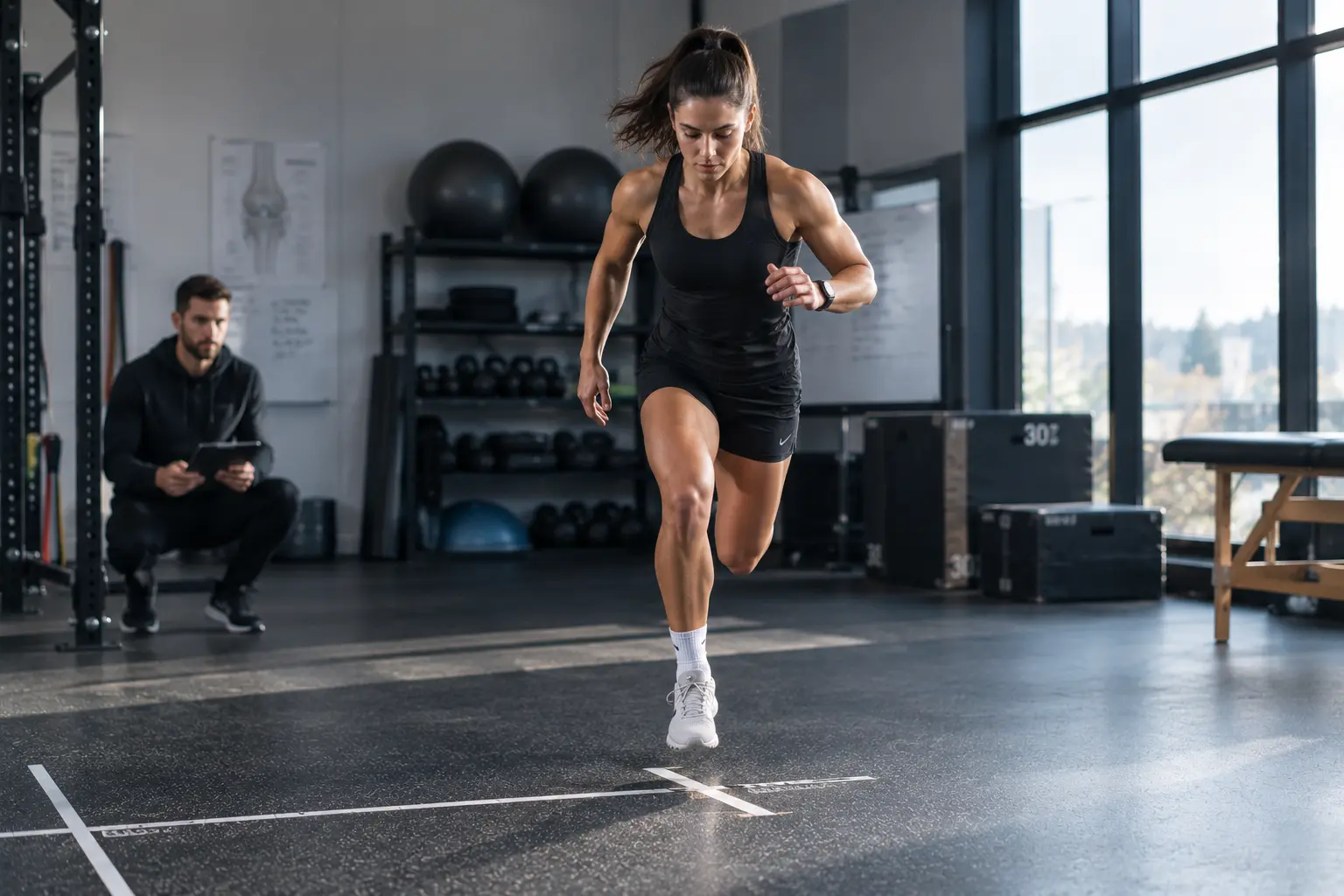 An athlete performing a single-leg hop test during rehabilitation, representing research on the validity of return-to-play testing.