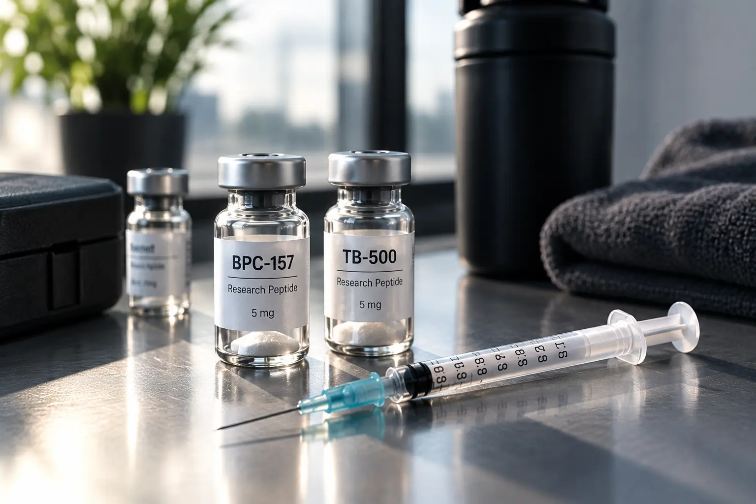 Vials and a syringe on a clinical surface, representing the popularity of self-administered, unregulated peptides.