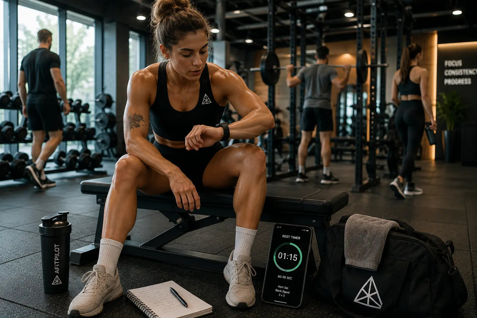 A lifter resting between sets with a timer, representing research on optimal rest interval length for strength and hypertrophy.