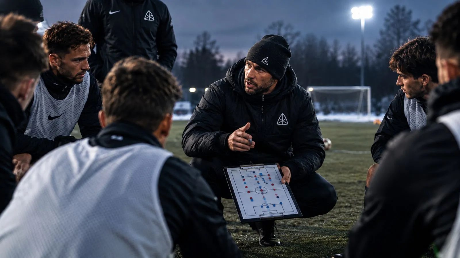 A coach running a tactical walkthrough with players, representing research on periodizing tactical and technical training load.